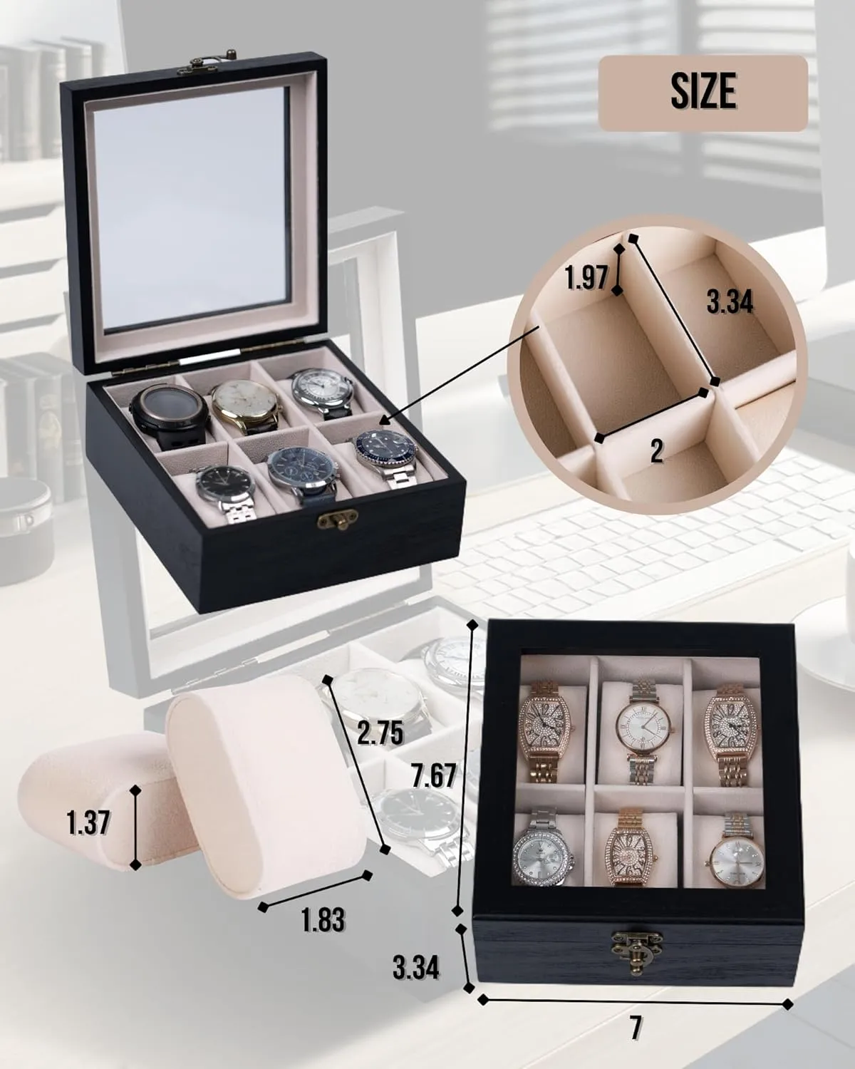 Box Organizer Watch Box, illusory theft furnace hurl allot Watch Case for Men Women with Large Glass Lid, Wooden Watch Display Storage Box with 6 - Slots, Charcoal Black 6x2 Mens Watch 