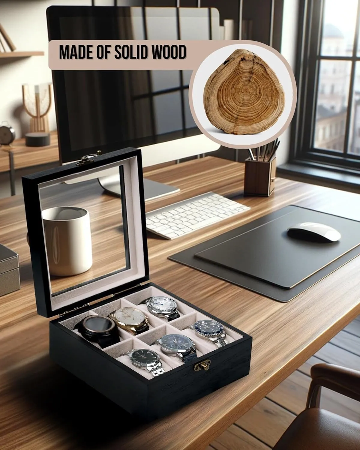 Box Organizer Watch Box, illusory theft furnace hurl allot Watch Case for Men Women with Large Glass Lid, Wooden Watch Display Storage Box with 6 - Slots, Charcoal Black 6x2 Mens Watch 