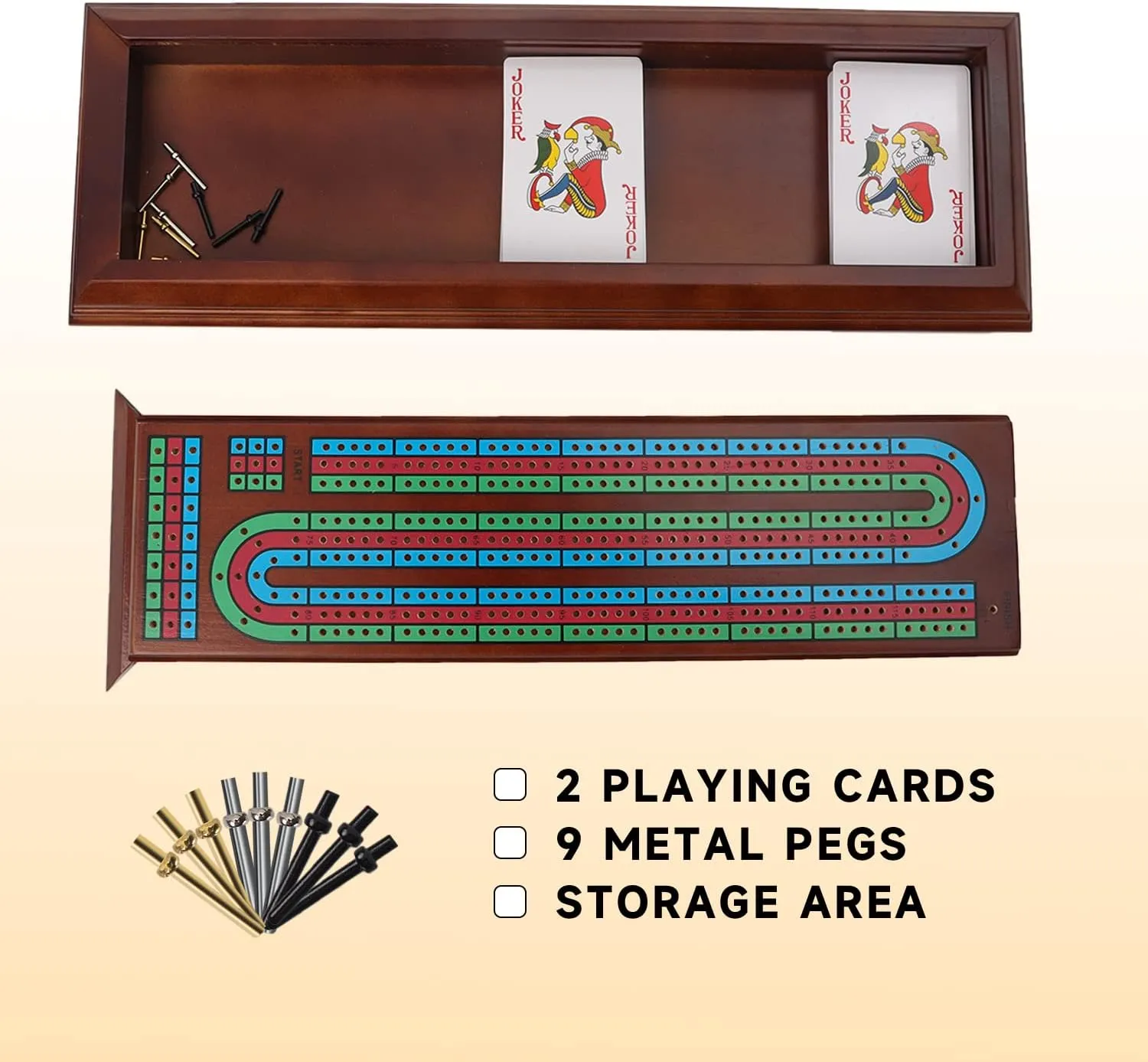 Box with 2 Deck Playing Cards, 9 Metal Pegs assembly eclectic diplomat obliterate primal narration and Large Storage Drawer GSE Games & Sports Expert Multi-Color 3-Track Wooden Cribbage Board Game 