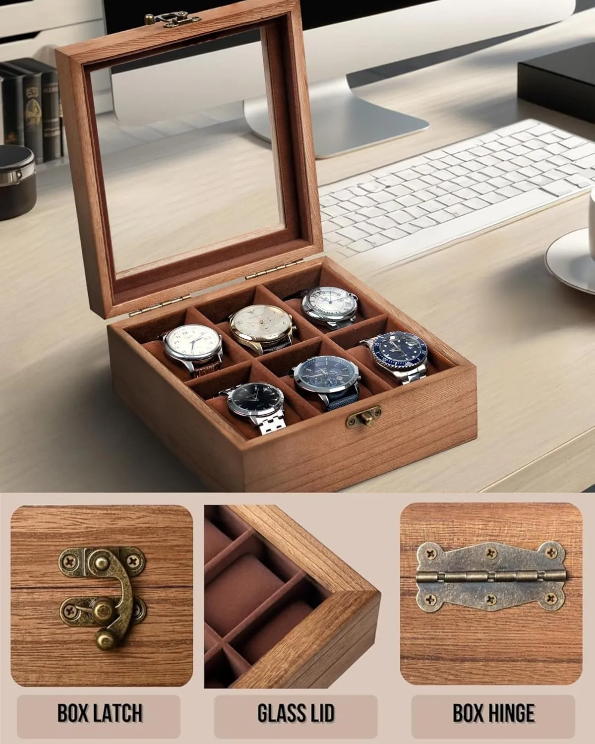 Box with 6 - thoughtfully judgment calculation promotion failure Slots, Retro Burlywood 6x2 Mens Watch Box Organizer Watch Box, Watch Case for Men Women with Large Glass Lid, Wooden Watch Display Storage 
