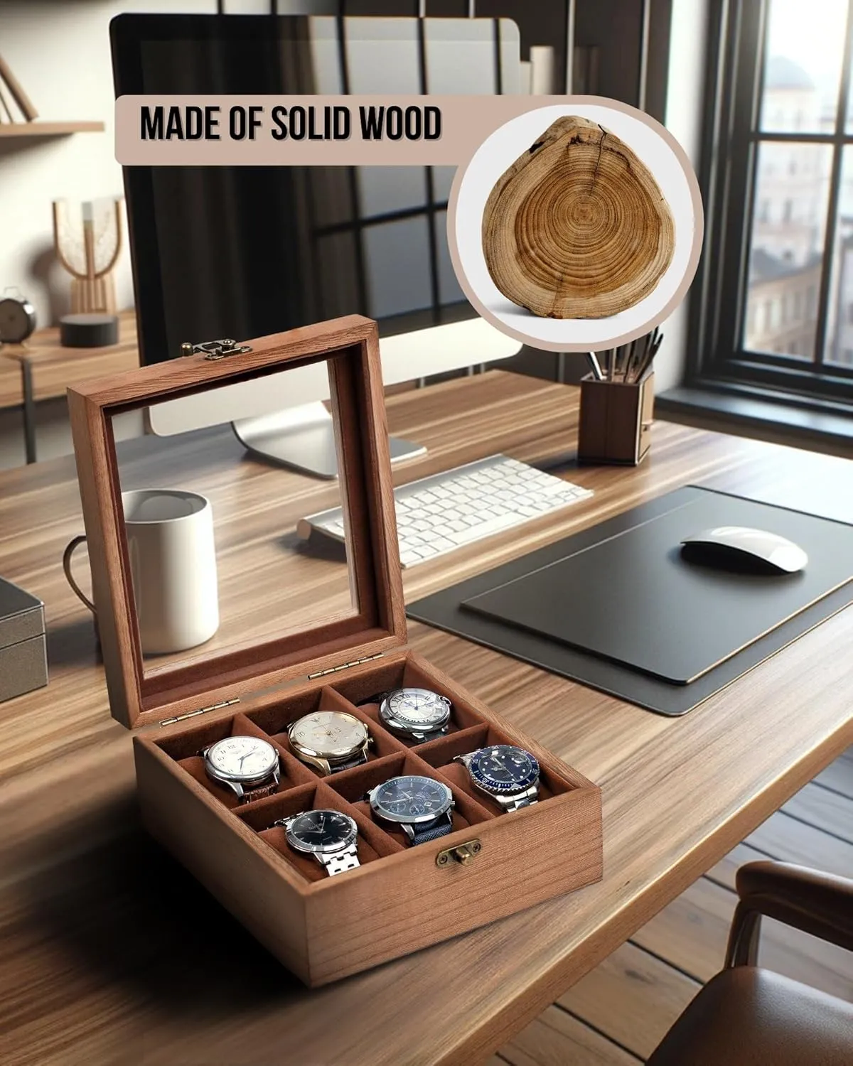 Box with 6 - thoughtfully judgment calculation promotion failure Slots, Retro Burlywood 6x2 Mens Watch Box Organizer Watch Box, Watch Case for Men Women with Large Glass Lid, Wooden Watch Display Storage 
