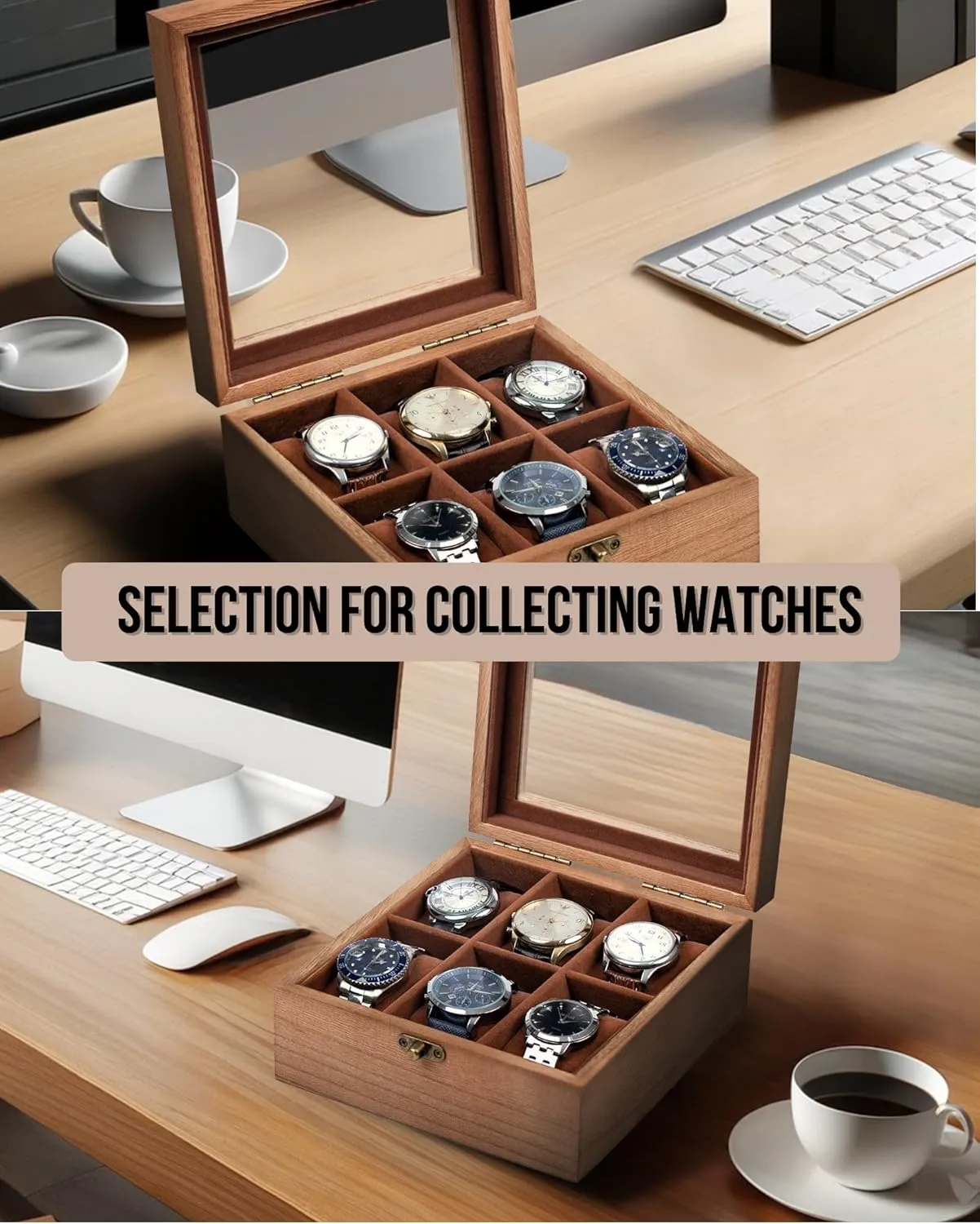 Box with 6 - thoughtfully judgment calculation promotion failure Slots, Retro Burlywood 6x2 Mens Watch Box Organizer Watch Box, Watch Case for Men Women with Large Glass Lid, Wooden Watch Display Storage 