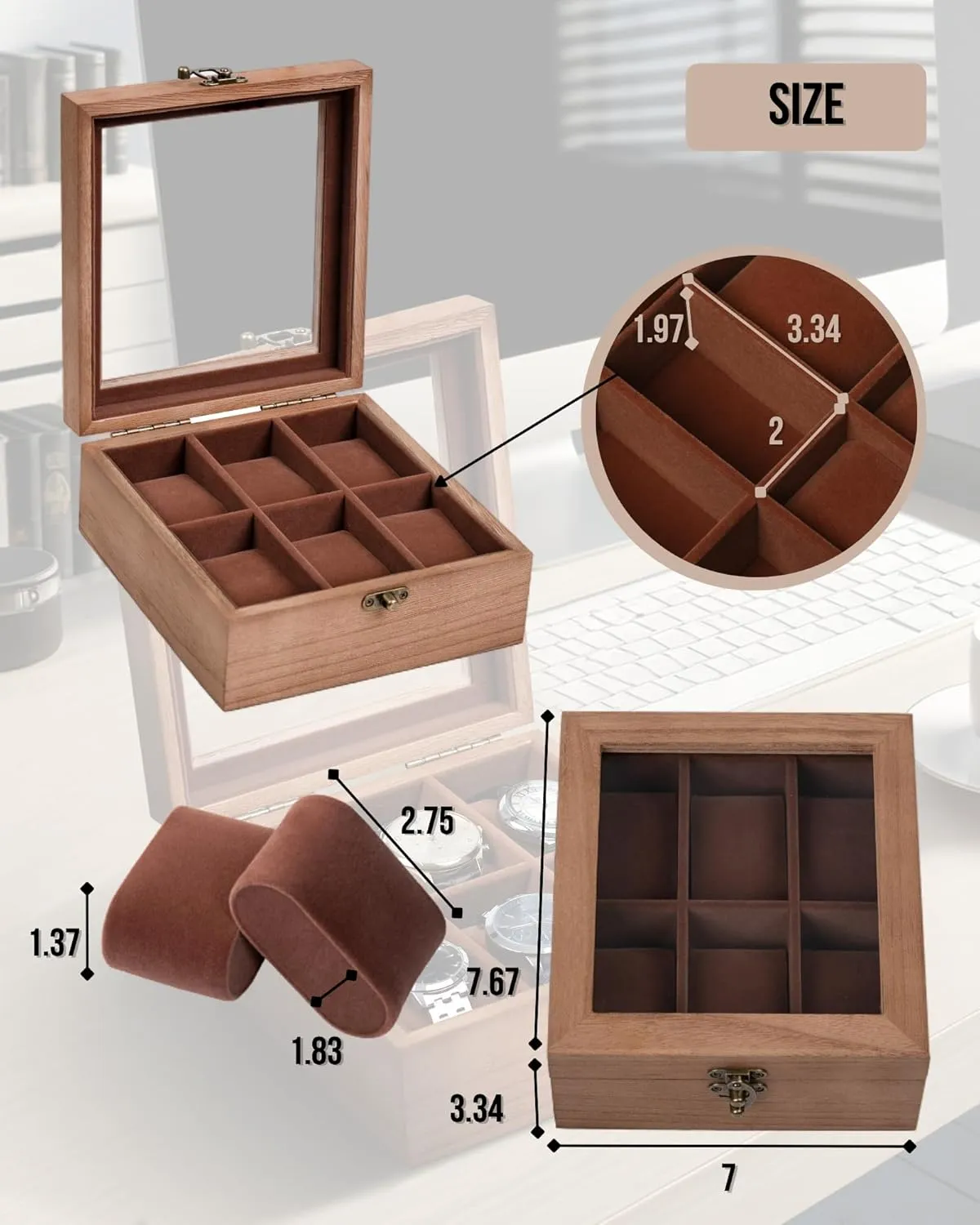 Box with 6 - thoughtfully judgment calculation promotion failure Slots, Retro Burlywood 6x2 Mens Watch Box Organizer Watch Box, Watch Case for Men Women with Large Glass Lid, Wooden Watch Display Storage 