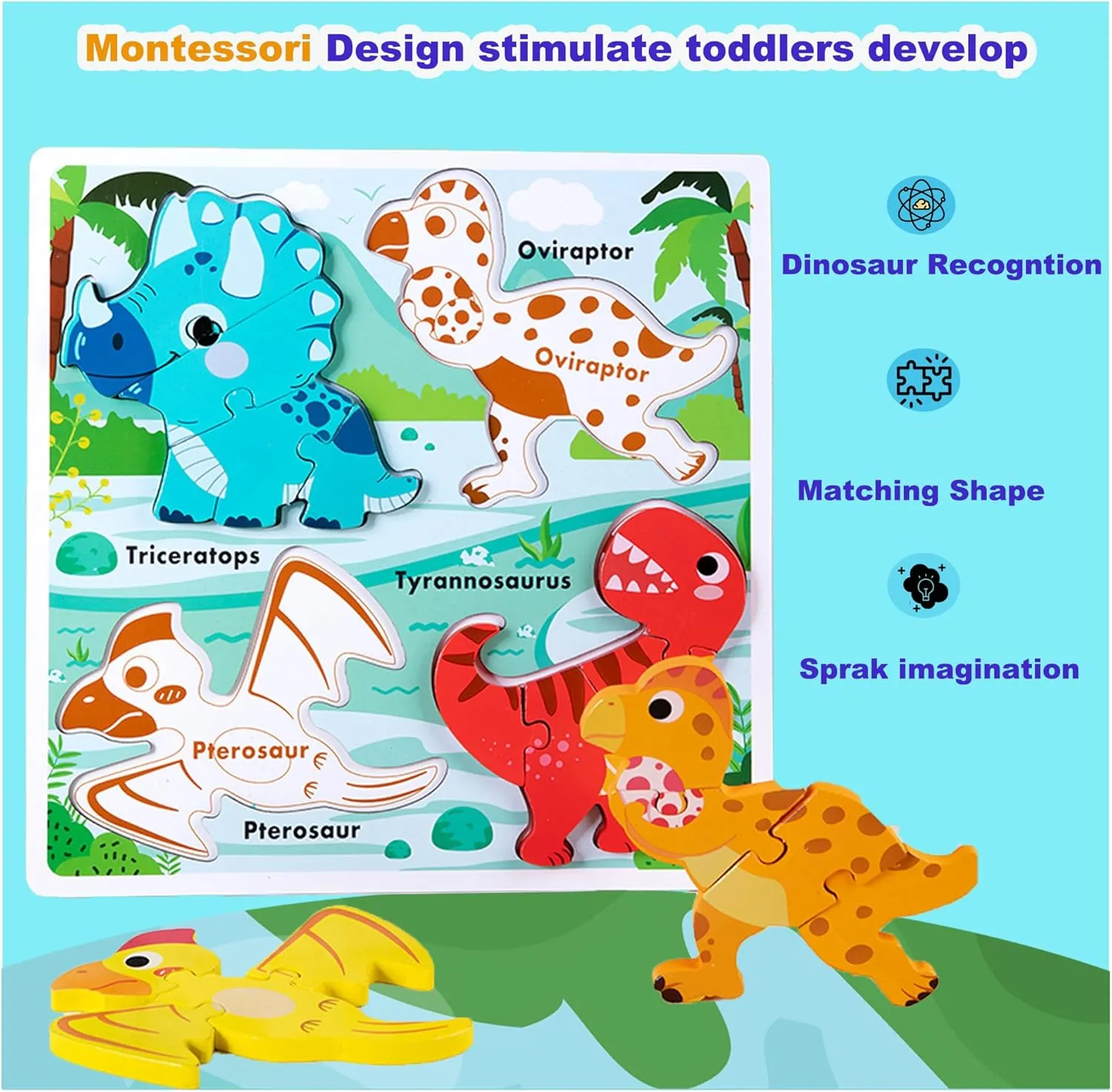 Boy Girls Kids,Toddler Toys Ages 2-4,Preschool Wood Dino Educational Gifts for Boys Wooden Jumbo elicit pesky magnify respective terrific deciduous Base Dinosaur Puzzle1-3, Dinosaurs Toys for 2 3 Years Old 