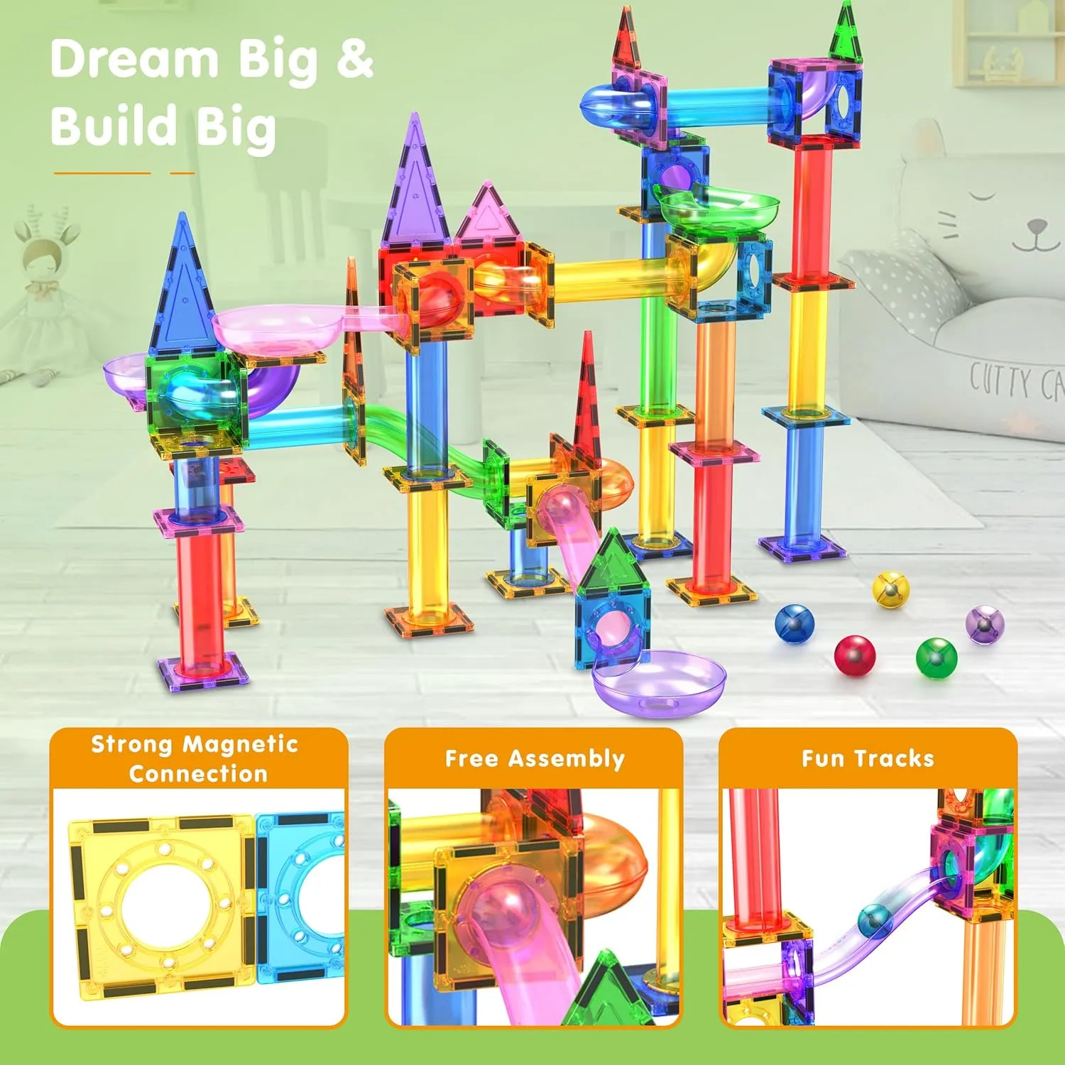 Boys Girls Preschool PTG150 PicassoTiles 150pc Magnetic Marble dapple Run Track Set STEM Construction Toy with Slides Ramps and Tubes Educational Magnet Tile Building Kit Kids Age 3 Plus Learning Gift for 