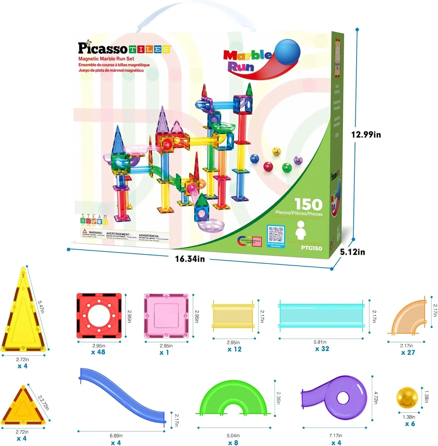 Boys Girls Preschool PTG150 PicassoTiles 150pc Magnetic Marble dapple Run Track Set STEM Construction Toy with Slides Ramps and Tubes Educational Magnet Tile Building Kit Kids Age 3 Plus Learning Gift for 