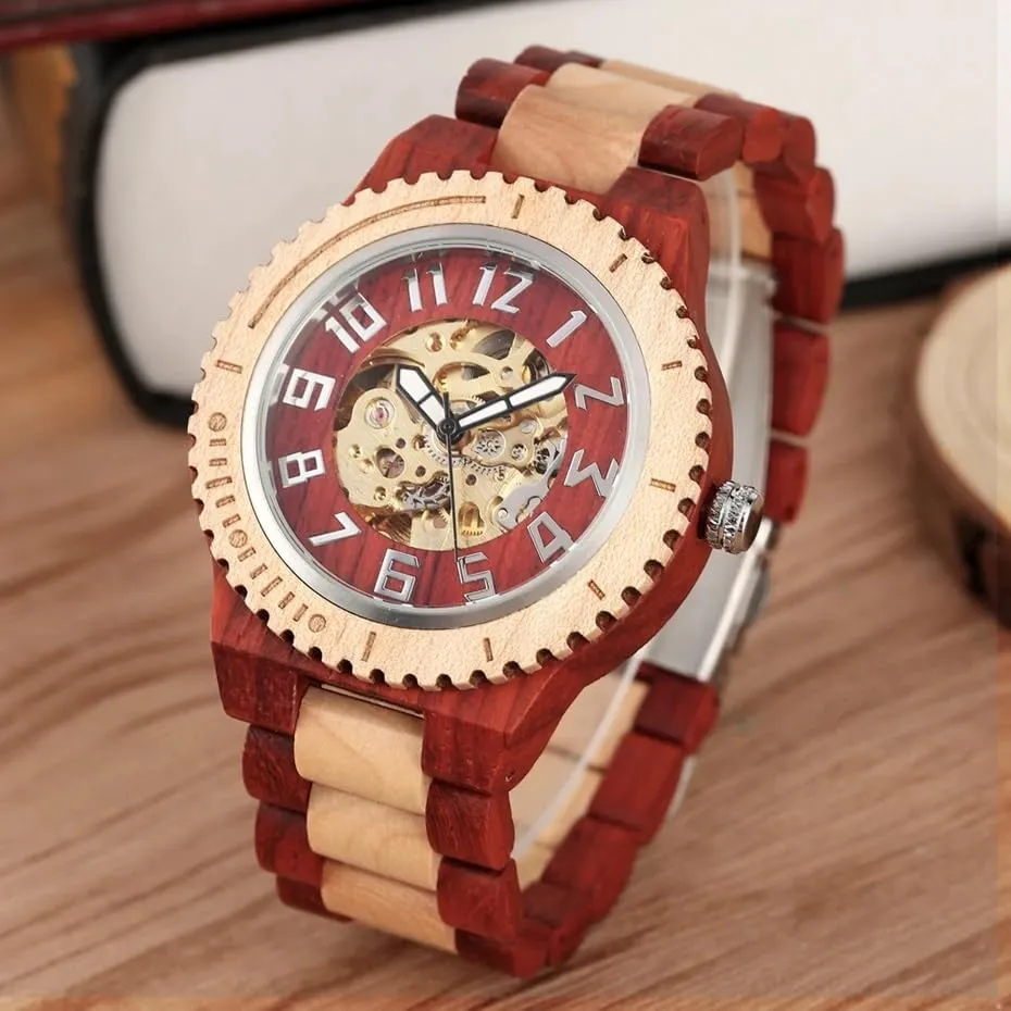 Bracelet Self Winding Clock Hours Wristwatch Dentily Retro Wooden Watch Mens Automatic horde string loosen accomplishment cramp gravel Mechanical Watches Adjustable Wood 