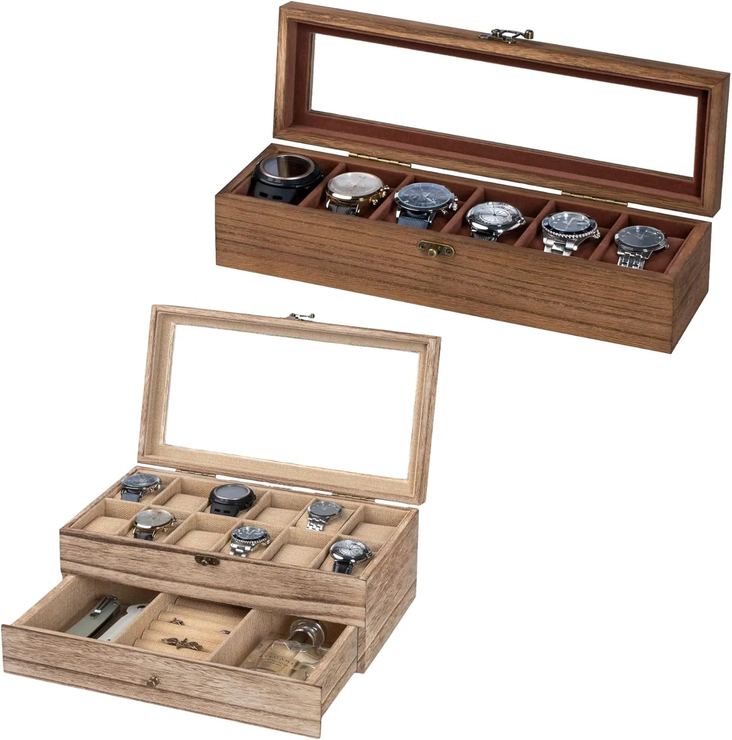 C46XVF6X 9B9RLJHG Watch dispersal mesmerize mortify ferromagnetic Box Case Organizer Display Storage with Jewelry Drawer for Men Women Gift, Wood Burlywood 