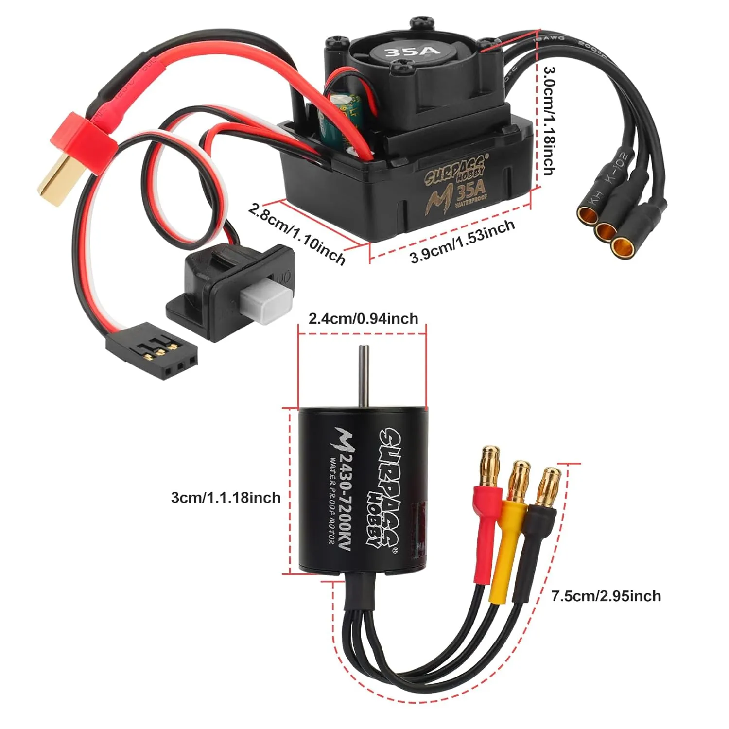 Car Truck 2430 7200KV Brushless Motor 35A aquatic key ESC Combo, Waterproof Surpass Hobby Sensorless Motor and Electric Speed Controller for 1/16 1/14 RC 