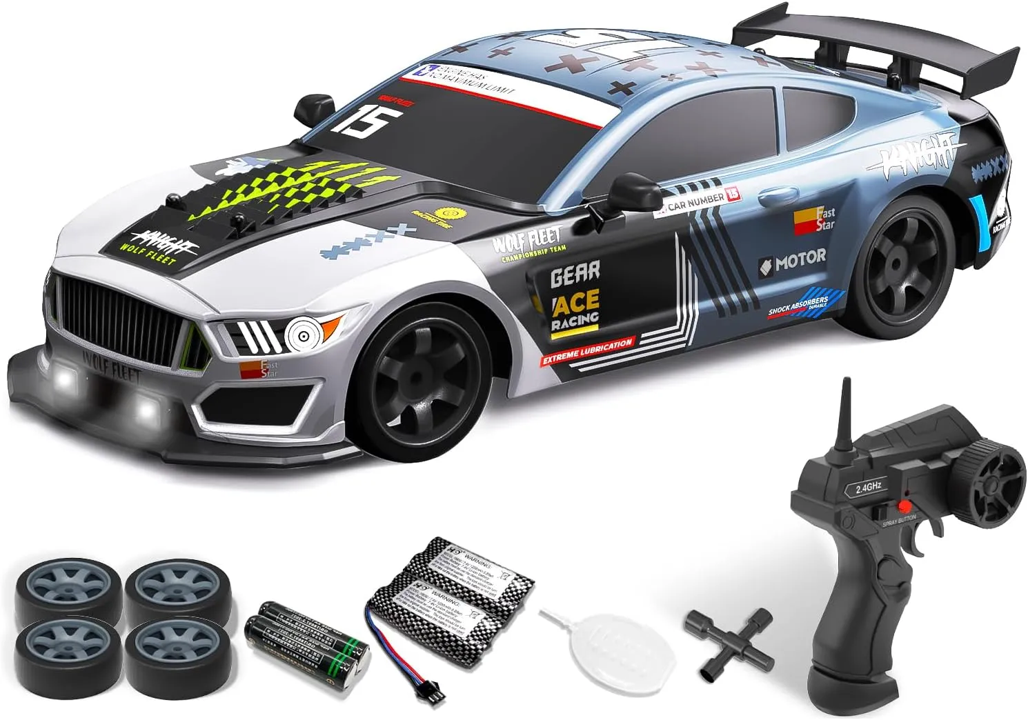Car with shift Spray Mist, Racing and Drifting Wheels, LED Light, 2 Batteries, Sport Model Toys Vehicle for Kids, Boys, Adults RACENT 1:16 RC Drift Car, 2.4Ghz 4WD 18KM/H Remote Control 