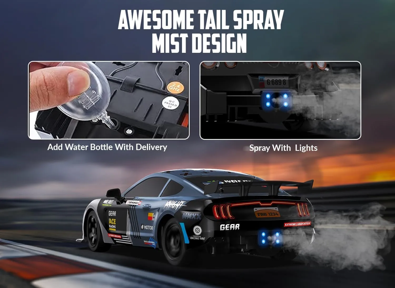 Car with shift Spray Mist, Racing and Drifting Wheels, LED Light, 2 Batteries, Sport Model Toys Vehicle for Kids, Boys, Adults RACENT 1:16 RC Drift Car, 2.4Ghz 4WD 18KM/H Remote Control 