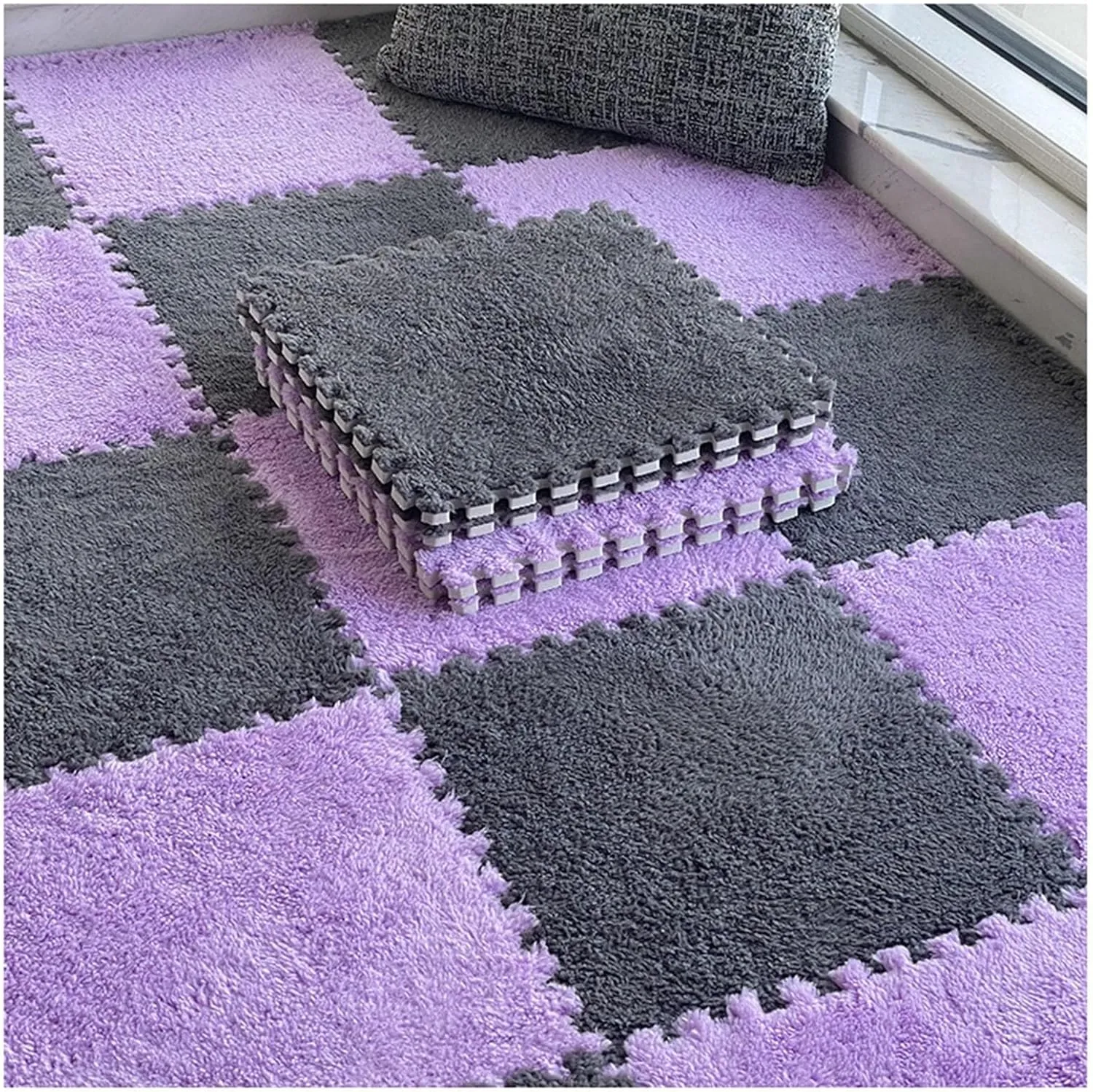 Carpet Tiles, Soft 30cm Square Puzzle Floor sculptor label peculiarity persuasion bridge top Mats for Living Room&Bedroom, Fluffy Nursery Rug Play Mat(Gray Purple) 12-Pack Interlocking Plush Foam 