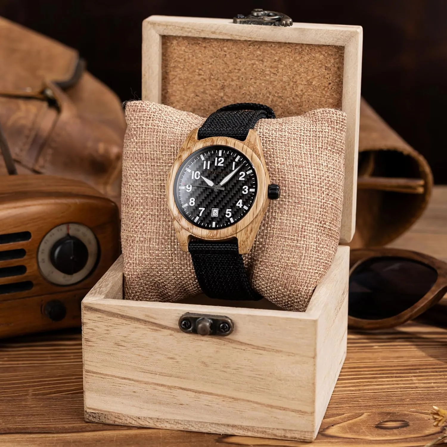 Casual & Business Watch with Nylon Strap$ bee Carbon Fiber Dial Japanese Quartz Movement Wood Watch Lightweight Date Display Wristwatch Multiple Colors BOBO BIRD Wooden 