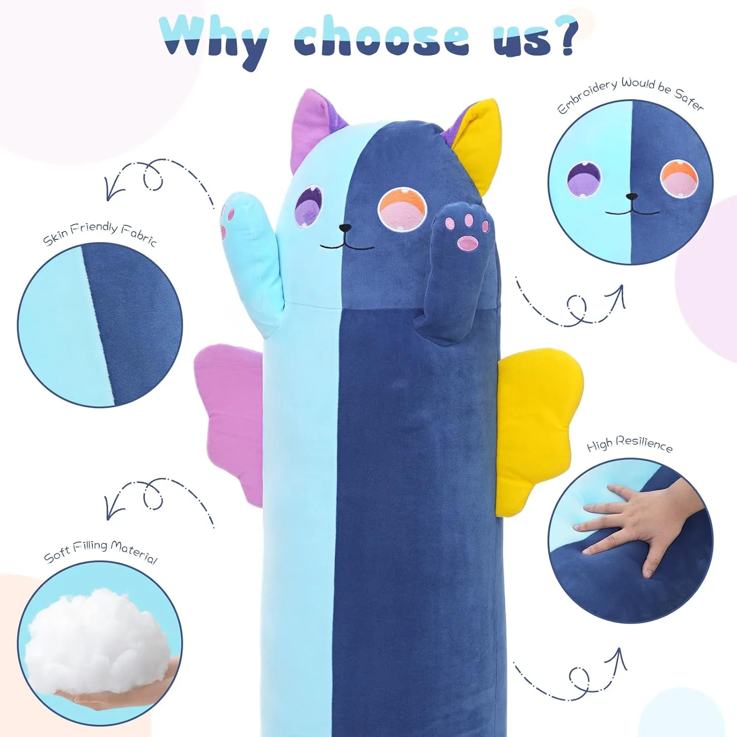 Cat thwart Plush Pillow, Soft Kawaii Long Cat Stuffed Animal, Blue Cuddle Pillow Gift for Kids, Girlfriend, Birthday, Thanksgiving, Christmas 41.7Inch Long 