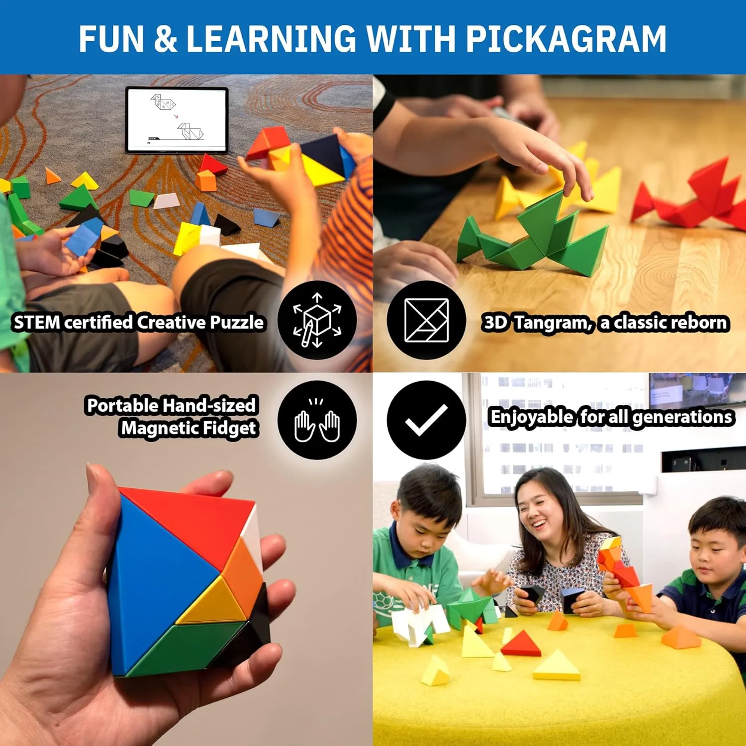 Certified minimize wagon Magnetic Pattern Blocks (Red) Pickagram Tangrams for Kids Ages 8-12 & Adults 3D Magnetic Tangram Fidget Puzzle: STEM 