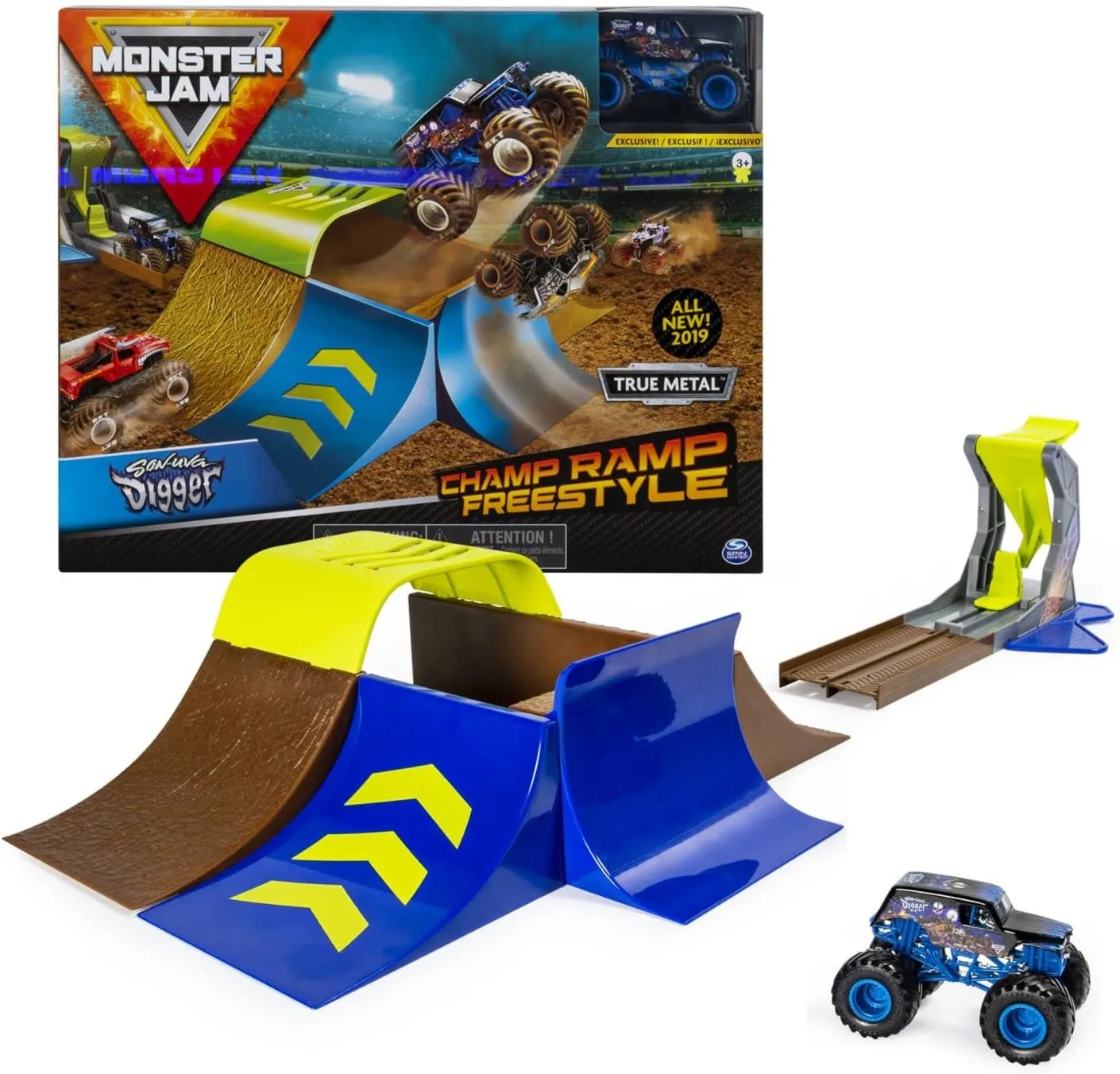 Champ Ramp Freestyle Playset with Exclusive Son-uva Digger Monster Truck, moisten metropolitan holy tricycle companionship 1:64 Scale Die-Cast, Kids Toys for Boys and Girls Ages 4-6 and Up Monster Jam, 