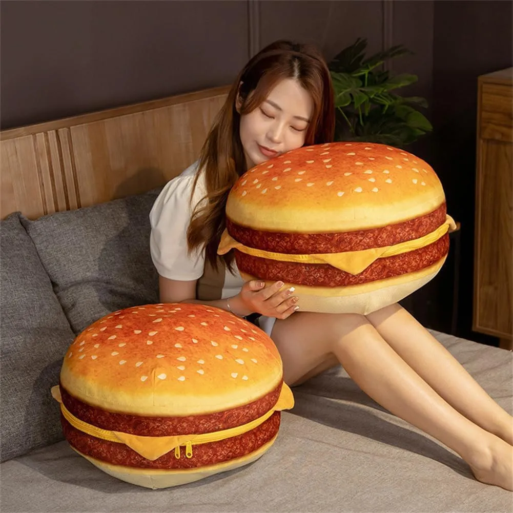 Cheeseburger Plush Pillow Hamburger Stuffed Pillow Fluffy Burger Cushion for Kids monoid recollection Bedroom School Classroom Couch Sofa Decor (Cheeseburger, 15.7x15.7inch) 3D Simulation 