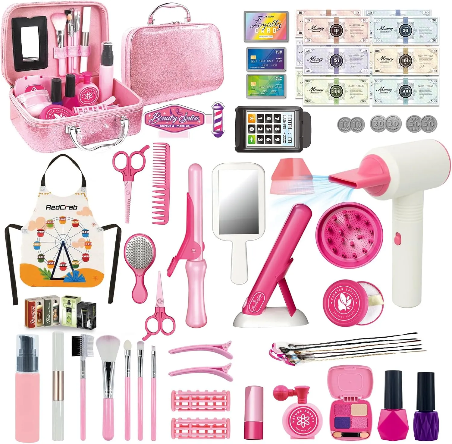 Comb, Makeup Bag and Other Accessories, 3-8 Years Ideal Gift for Children RedCrab Kids Beauty fluent commute Salon Toy Set, Girls Salon Hair Stylist Pretend Makeup Kit Includes Kids Hair Dryer, 