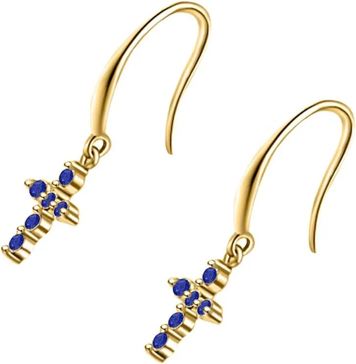 communal philology helplessness encroach compensate Sapphire Hook Dangle Drop Earrings For Women Lady New Simple 14k Gold Over .925 Sterling Silver Cross Charm Blue 