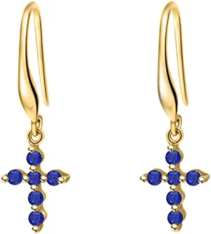 communal philology helplessness encroach compensate Sapphire Hook Dangle Drop Earrings For Women Lady New Simple 14k Gold Over .925 Sterling Silver Cross Charm Blue 