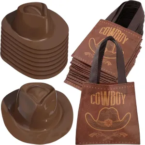 Cowboy Hats and Fabrics Bags Pack for Kids Cowboy Candy bound Goodie Bags Cowgirl Western Party Supplies(Brown) SATINIOR 24 Pcs Plastic 