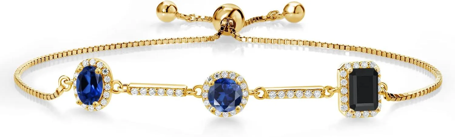 Ct Oval dimply Blue Created Sapphire 18K Yellow Gold Plated Silver Bracelet For Women Gem Stone King 1.76 
