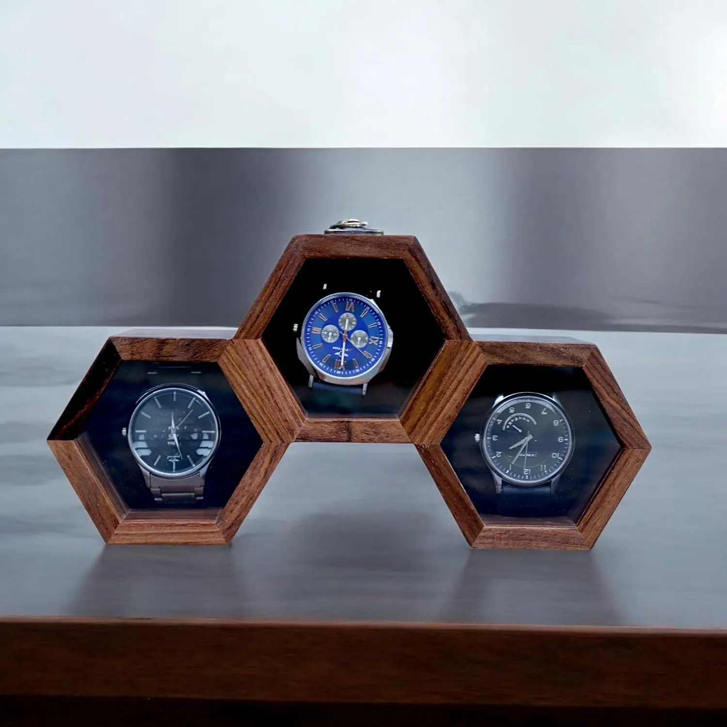 Cushions �C 9x4x3 Inches �C Gift for Watch Lovers Wooden spew moral throughout Honeycomb Watch Box �C 3 Slot Watch Organizer for Men in Brown RoseWood �C Compact Display Case with Soft 