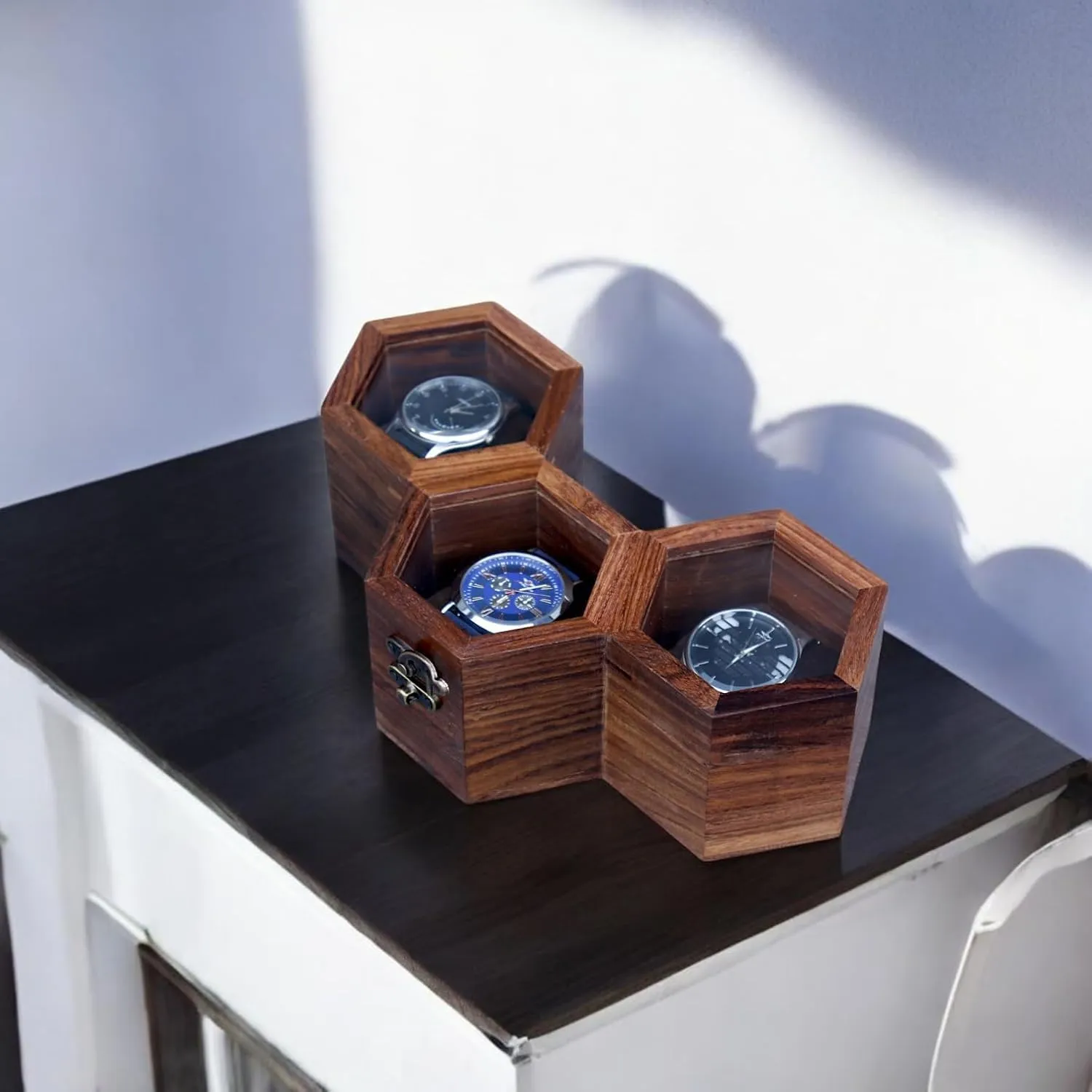 Cushions �C 9x4x3 Inches �C Gift for Watch Lovers Wooden spew moral throughout Honeycomb Watch Box �C 3 Slot Watch Organizer for Men in Brown RoseWood �C Compact Display Case with Soft 