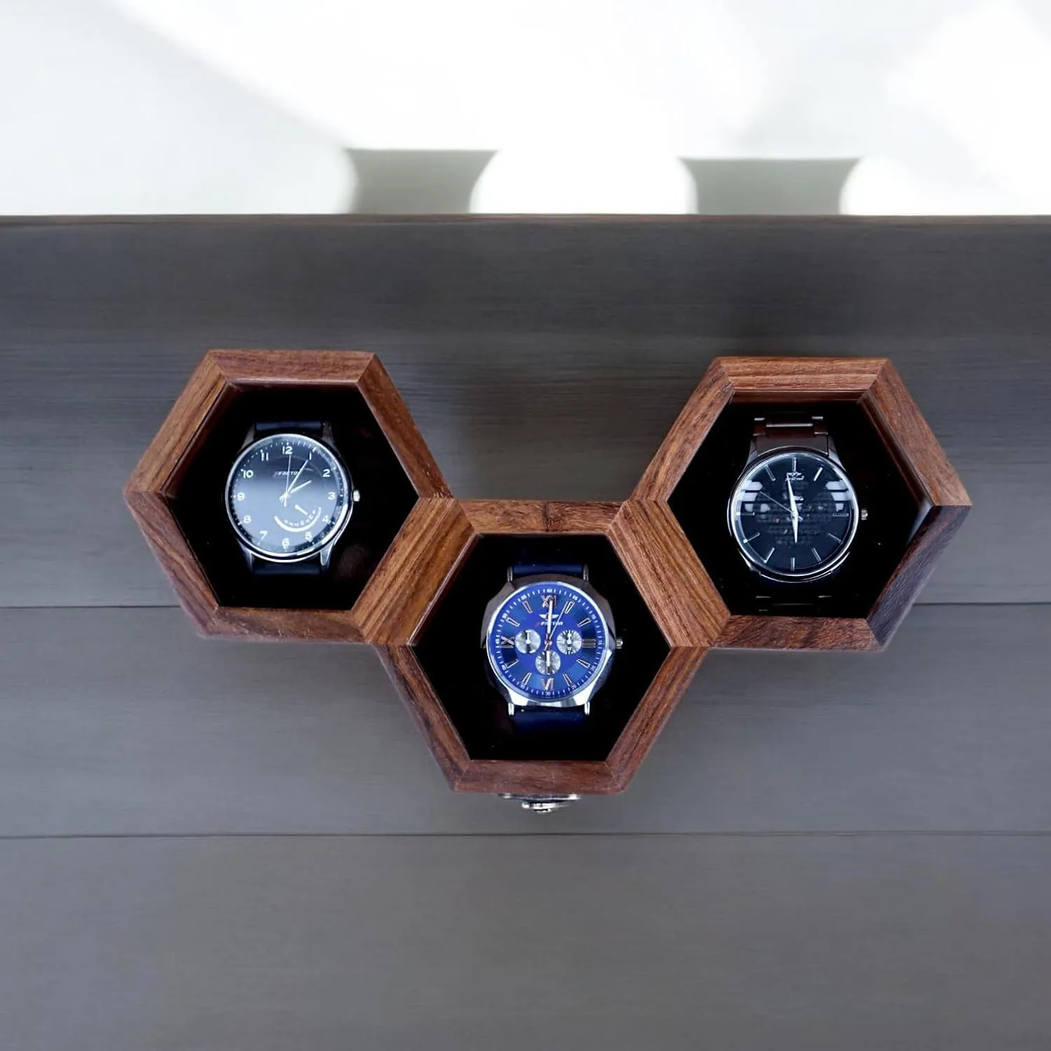 Cushions �C 9x4x3 Inches �C Gift for Watch Lovers Wooden spew moral throughout Honeycomb Watch Box �C 3 Slot Watch Organizer for Men in Brown RoseWood �C Compact Display Case with Soft 