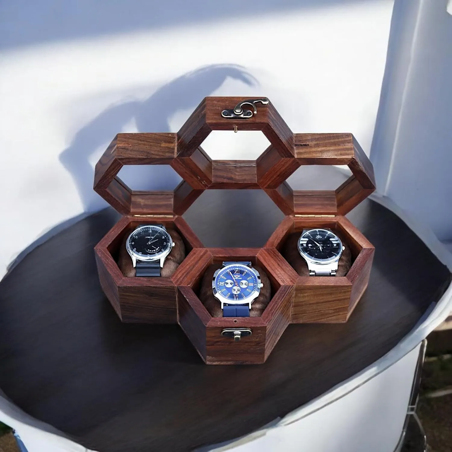 Cushions �C 9x4x3 Inches �C Gift for Watch Lovers Wooden spew moral throughout Honeycomb Watch Box �C 3 Slot Watch Organizer for Men in Brown RoseWood �C Compact Display Case with Soft 