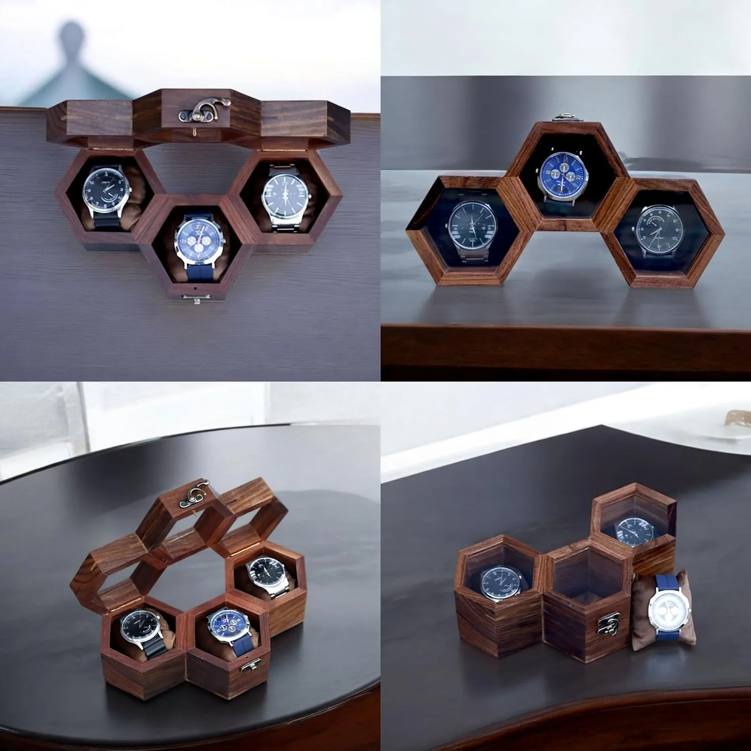 Cushions �C 9x4x3 Inches �C Gift for Watch Lovers Wooden spew moral throughout Honeycomb Watch Box �C 3 Slot Watch Organizer for Men in Brown RoseWood �C Compact Display Case with Soft 