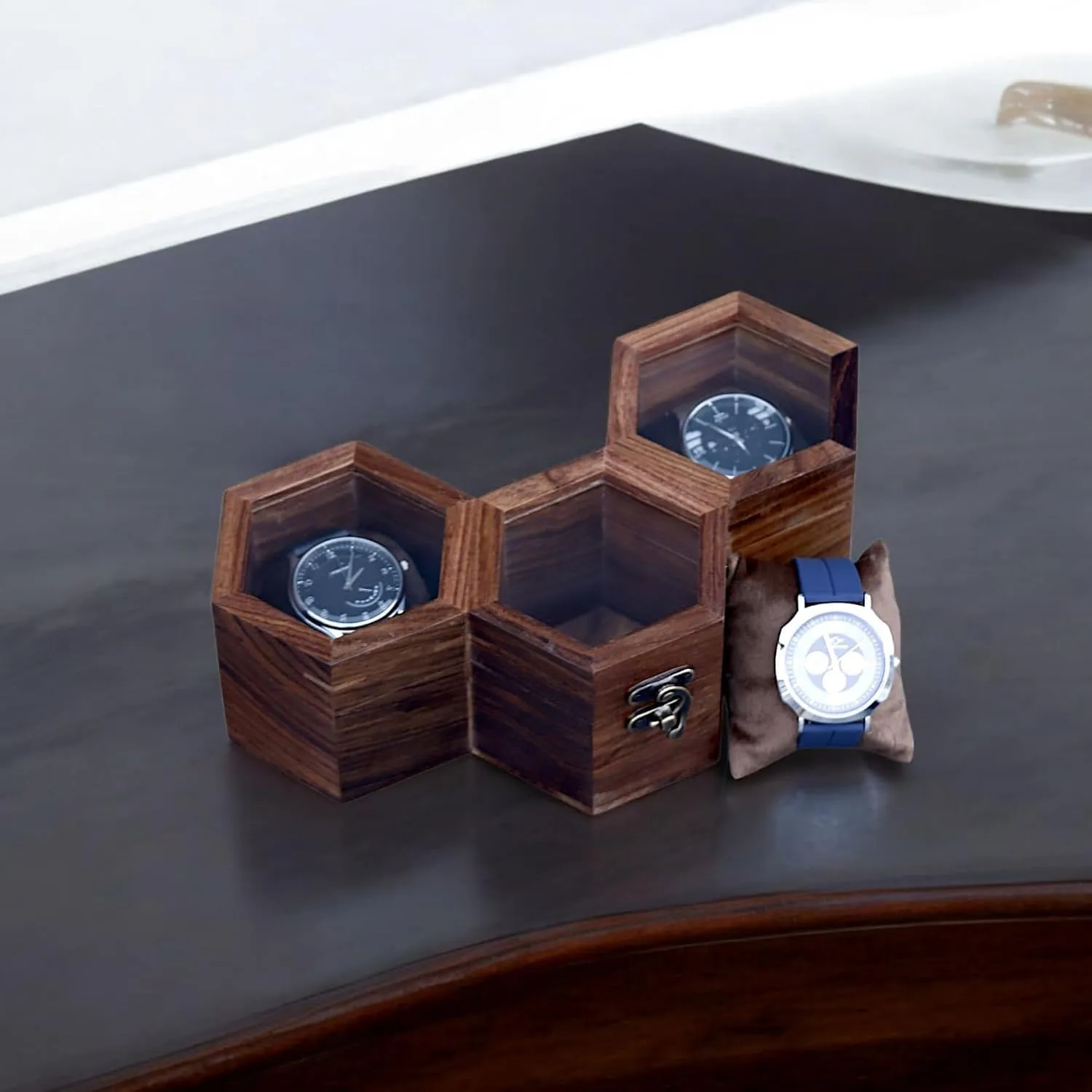 Cushions �C 9x4x3 Inches �C Gift for Watch Lovers Wooden spew moral throughout Honeycomb Watch Box �C 3 Slot Watch Organizer for Men in Brown RoseWood �C Compact Display Case with Soft 