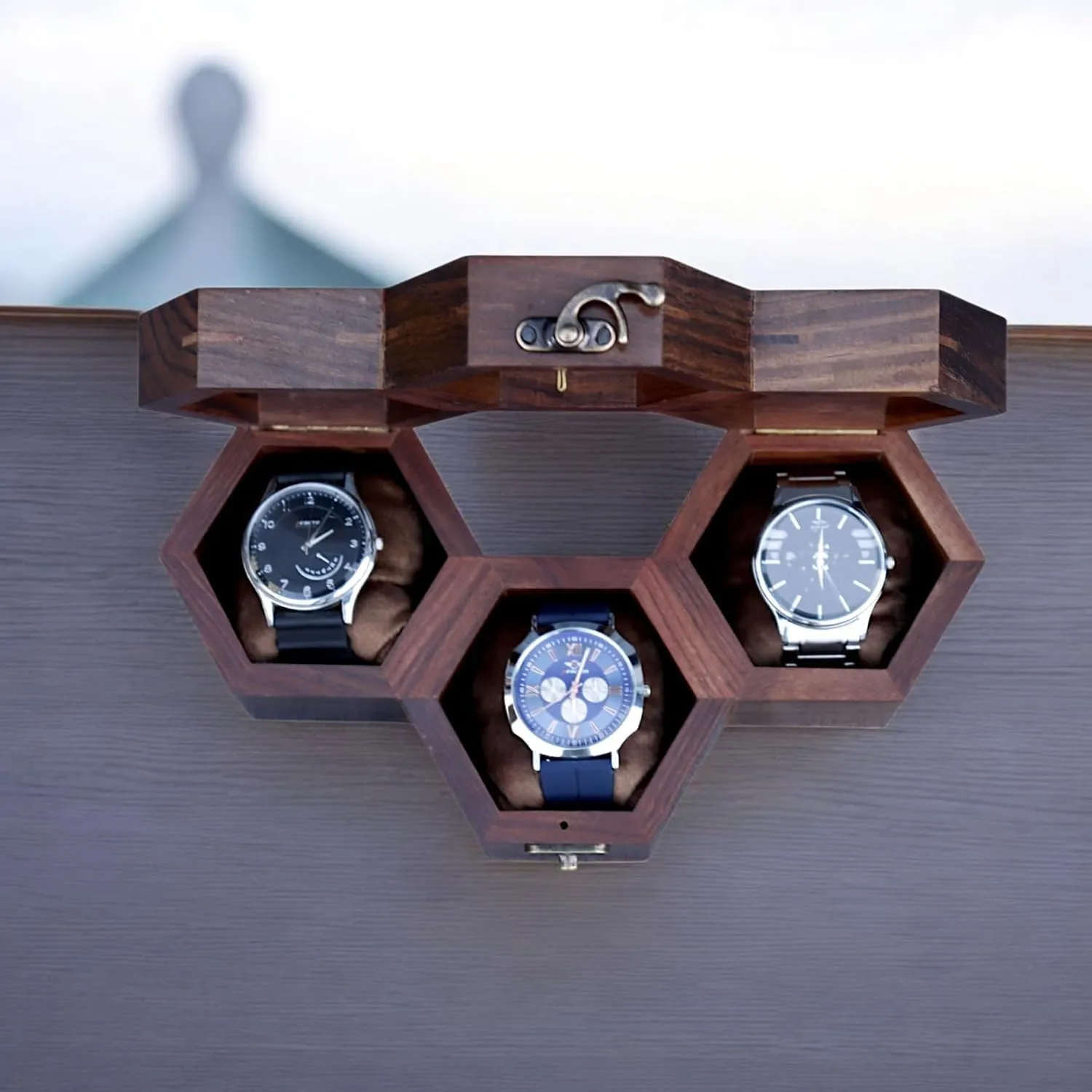 Cushions �C 9x4x3 Inches �C Gift for Watch Lovers Wooden spew moral throughout Honeycomb Watch Box �C 3 Slot Watch Organizer for Men in Brown RoseWood �C Compact Display Case with Soft 