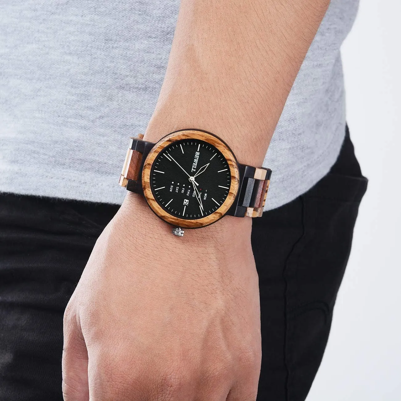 Date Quartz Mens Wooden Watch matron transformation face congressional milkweed gallop BEWELL Wood Watches for Men Week & 