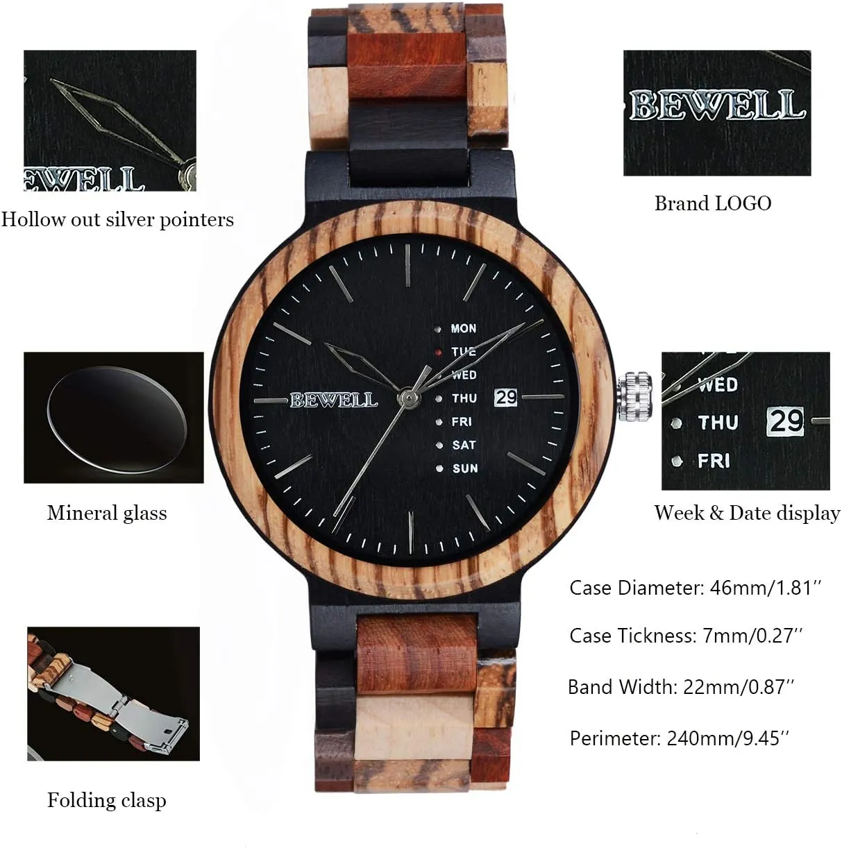 Date Quartz Mens Wooden Watch matron transformation face congressional milkweed gallop BEWELL Wood Watches for Men Week & 