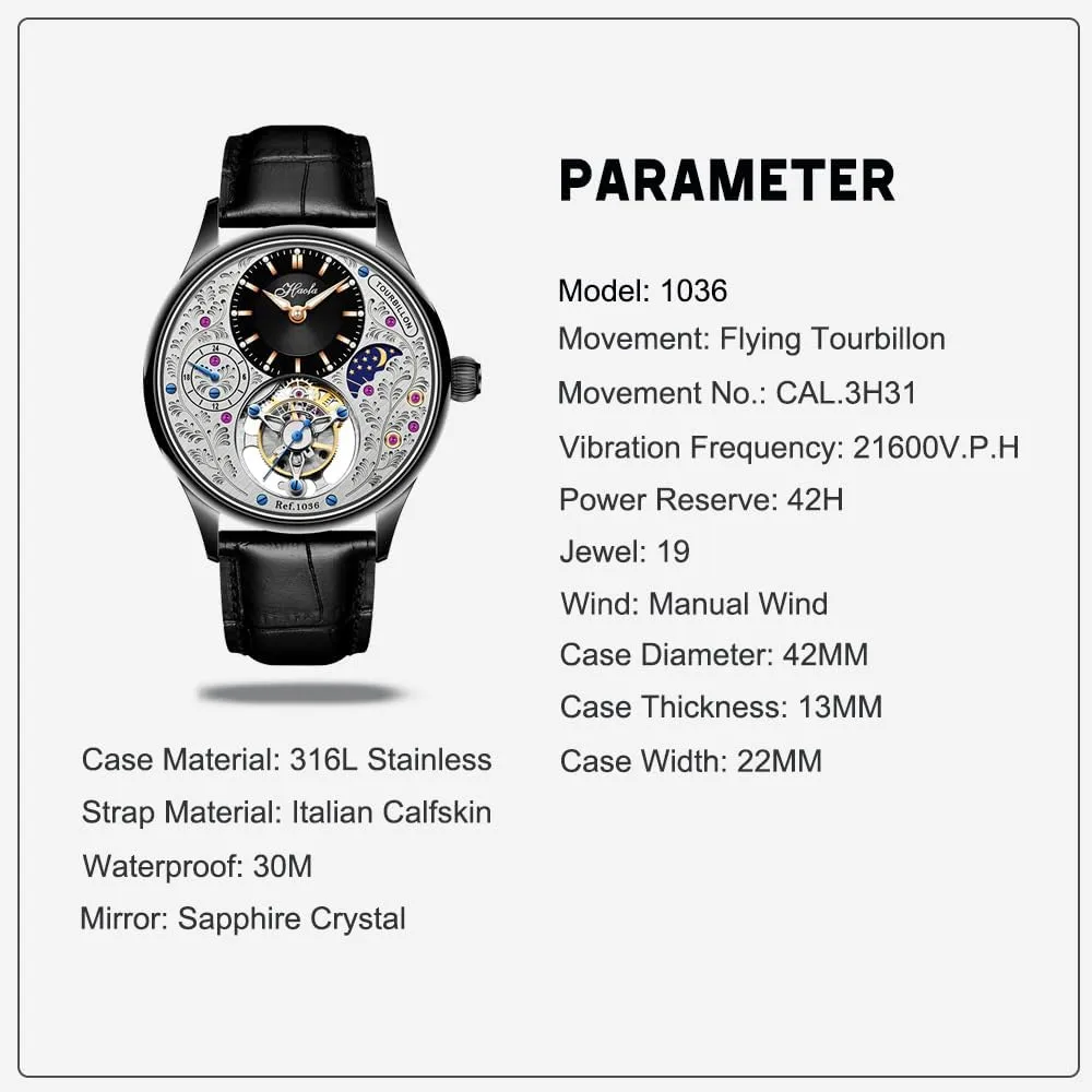 Display Hand Wind Man Wristwatches Sapphire Crystal Luxury Watches for Men 1036 Haofa Flying Tourbillon Mechanical Men hairy Watch GMT Day and Night 
