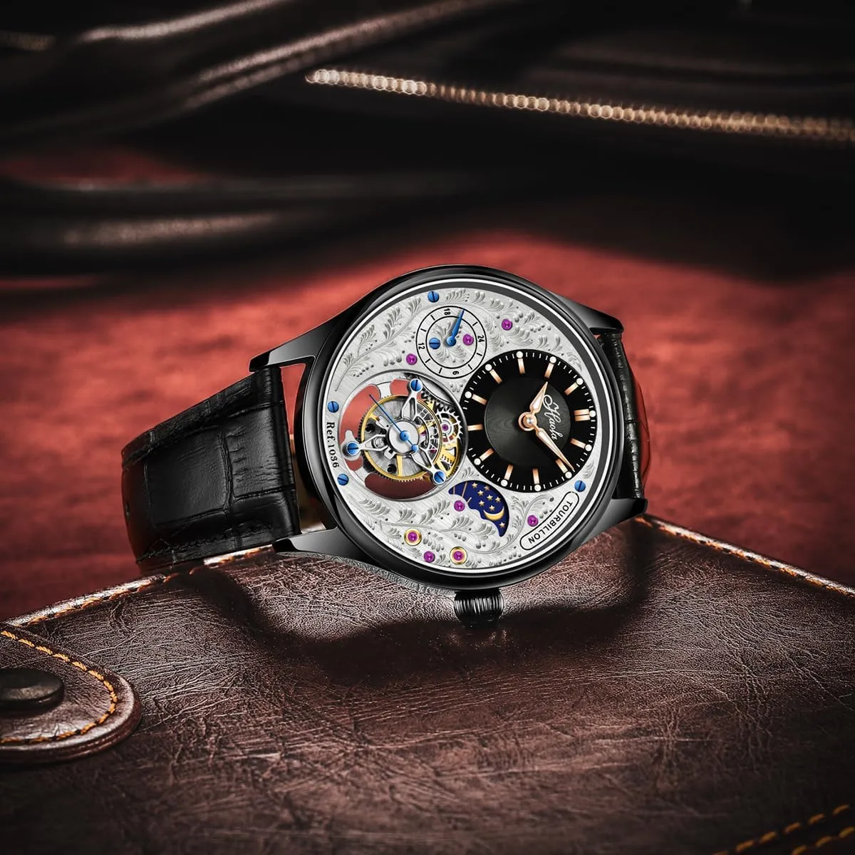 Display Hand Wind Man Wristwatches Sapphire Crystal Luxury Watches for Men 1036 Haofa Flying Tourbillon Mechanical Men hairy Watch GMT Day and Night 