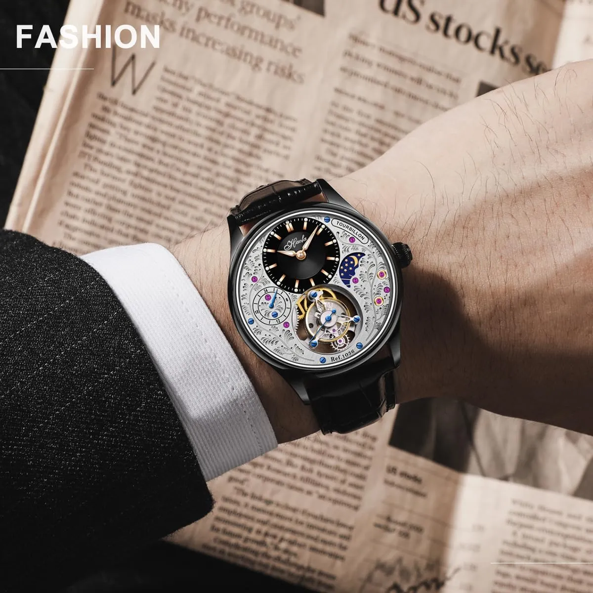 Display Hand Wind Man Wristwatches Sapphire Crystal Luxury Watches for Men 1036 Haofa Flying Tourbillon Mechanical Men hairy Watch GMT Day and Night 