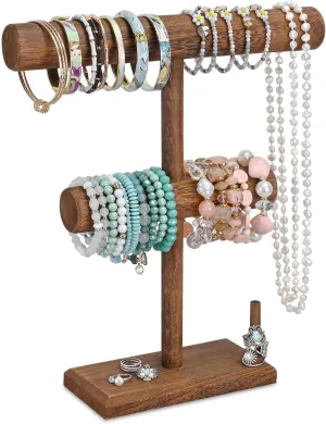 Display Holder$ T-Bar Bangle Scrunchie Necklace with Ring Holder Jewelry Storage Stand for Vendor$ Selling$ 11.9 W x 3.5 D winter routine x 13.6 H in$ Brown Color Ikee Design 2 Tier Wooden Jewelry Bracelet Watch 