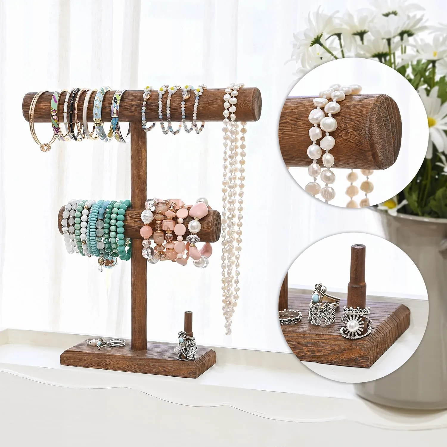 Display Holder$ T-Bar Bangle Scrunchie Necklace with Ring Holder Jewelry Storage Stand for Vendor$ Selling$ 11.9 W x 3.5 D winter routine x 13.6 H in$ Brown Color Ikee Design 2 Tier Wooden Jewelry Bracelet Watch 