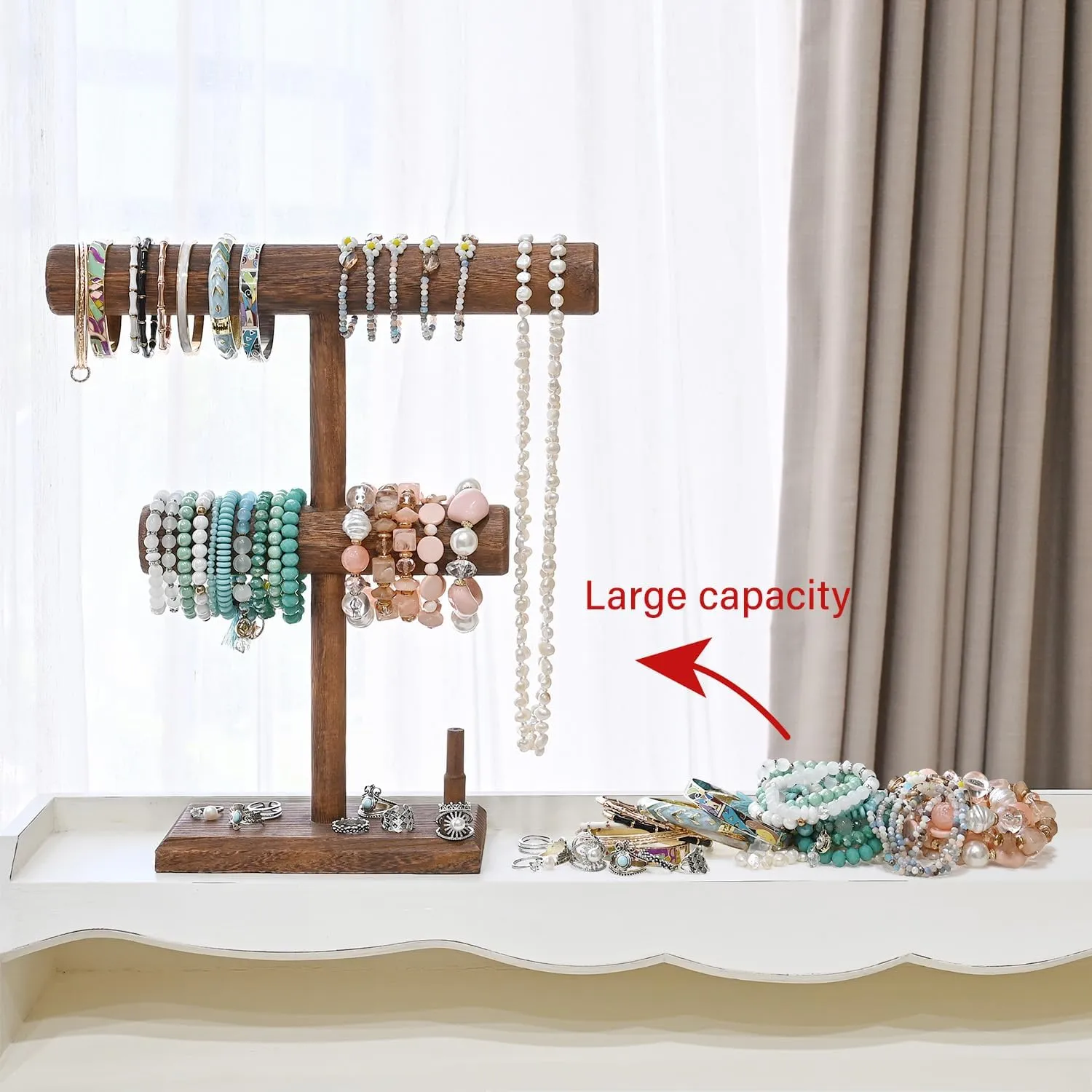 Display Holder$ T-Bar Bangle Scrunchie Necklace with Ring Holder Jewelry Storage Stand for Vendor$ Selling$ 11.9 W x 3.5 D winter routine x 13.6 H in$ Brown Color Ikee Design 2 Tier Wooden Jewelry Bracelet Watch 