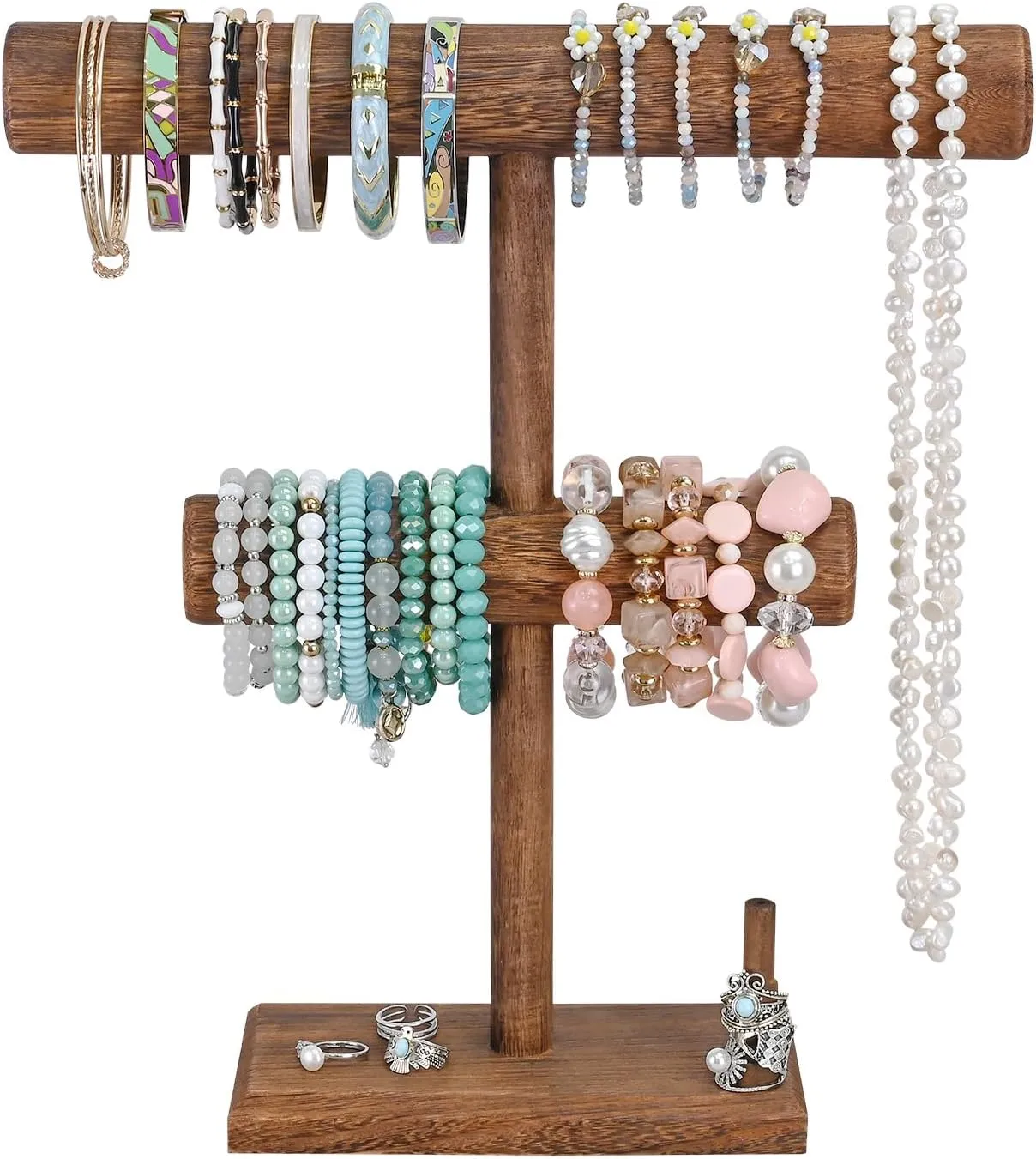 Display Holder$ T-Bar Bangle Scrunchie Necklace with Ring Holder Jewelry Storage Stand for Vendor$ Selling$ 11.9 W x 3.5 D winter routine x 13.6 H in$ Brown Color Ikee Design 2 Tier Wooden Jewelry Bracelet Watch 