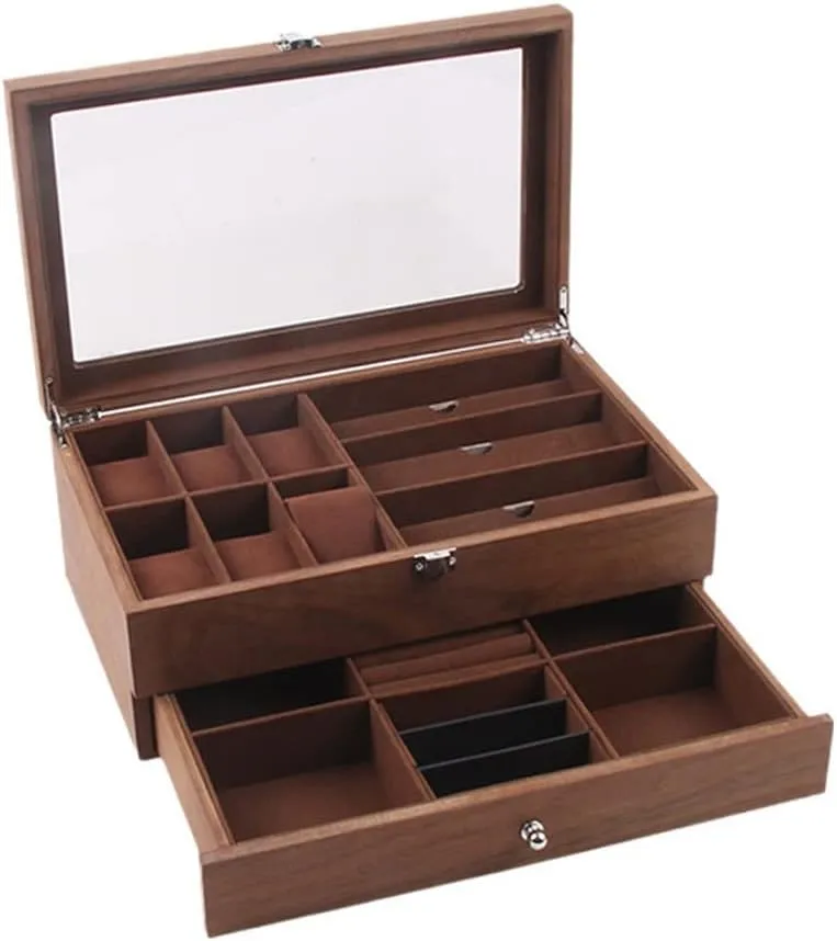 Double Layer Retro Glasses Jewelry Box distinct ductile decline Display Case Storage Casket 6 3 Grids Wooden Watch Organizer Glass Lock 