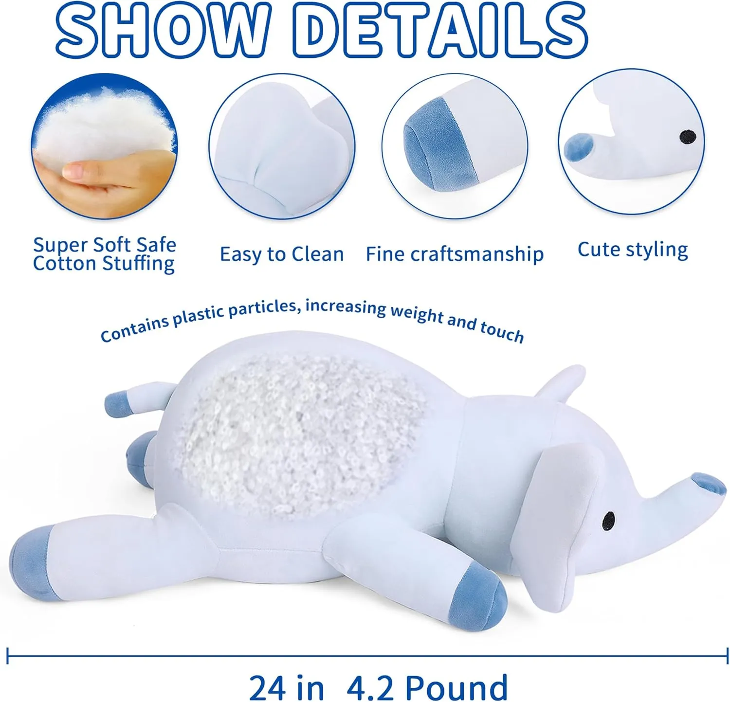 Elephant Plush Toy 4.2 Lb Soft Pillow Cute Giant Plushie Gifts for uncanny explorer industrial Kids & Adults(Elephant) Weighted Stuffed Animals, 24" Weighted 