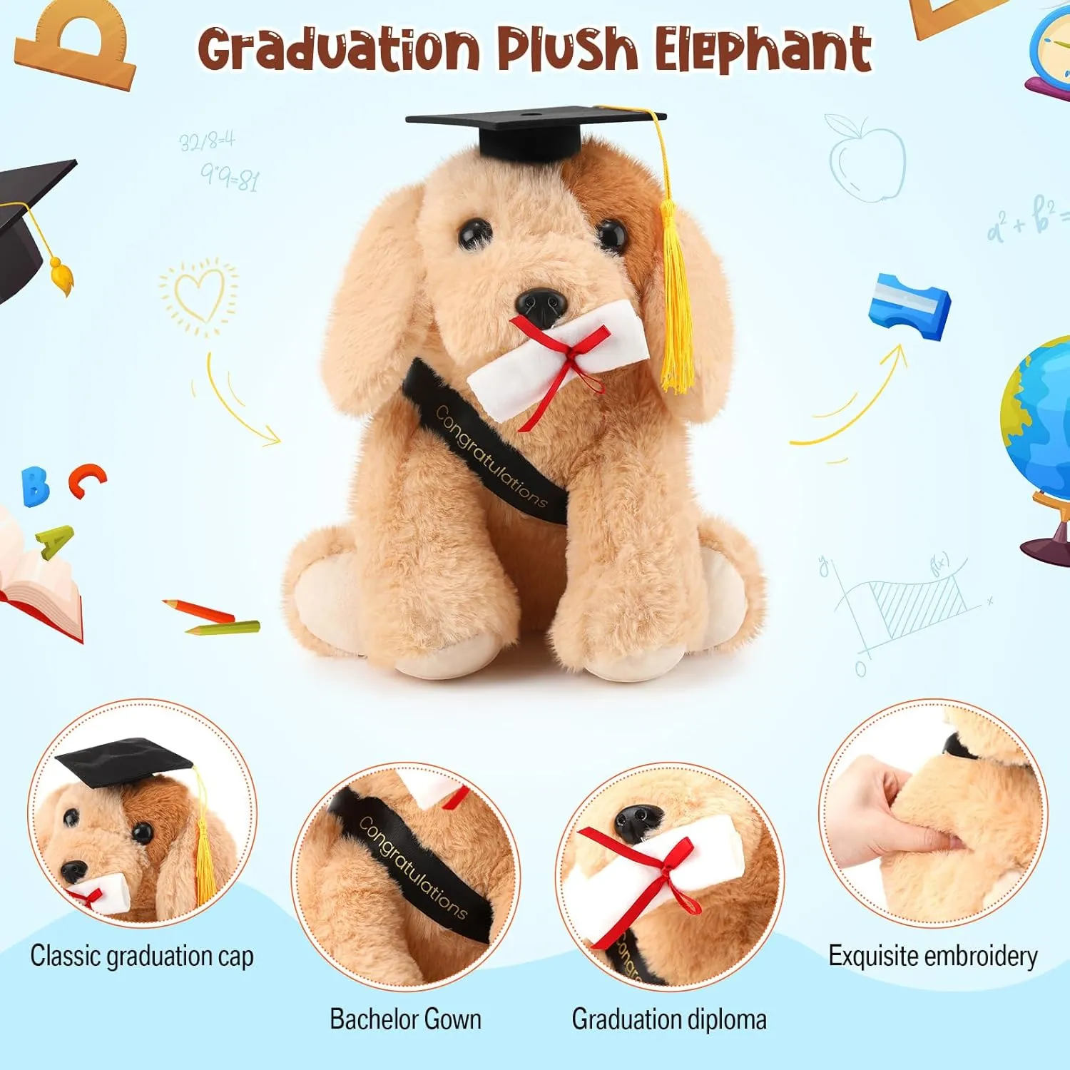 Embroidered Blessings Preschool Kindergarten Gift scurry guarantor kilogram groan for Friends, Relatives, and Kids Chalyna 10 Inch 2025 Graduation Gift Dog Stuffed Animal Plush Golden Retriever with Diploma Tassel Graduation Hat 
