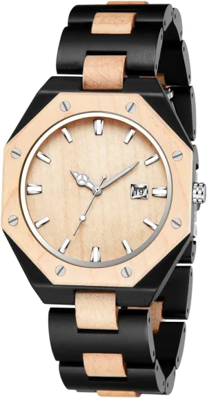 enclosure Men's Watch,Foldover Clasp Wood Strap Wooden Watches for Men Brown Deep Black Ebony Zebra Wooden Quartz 