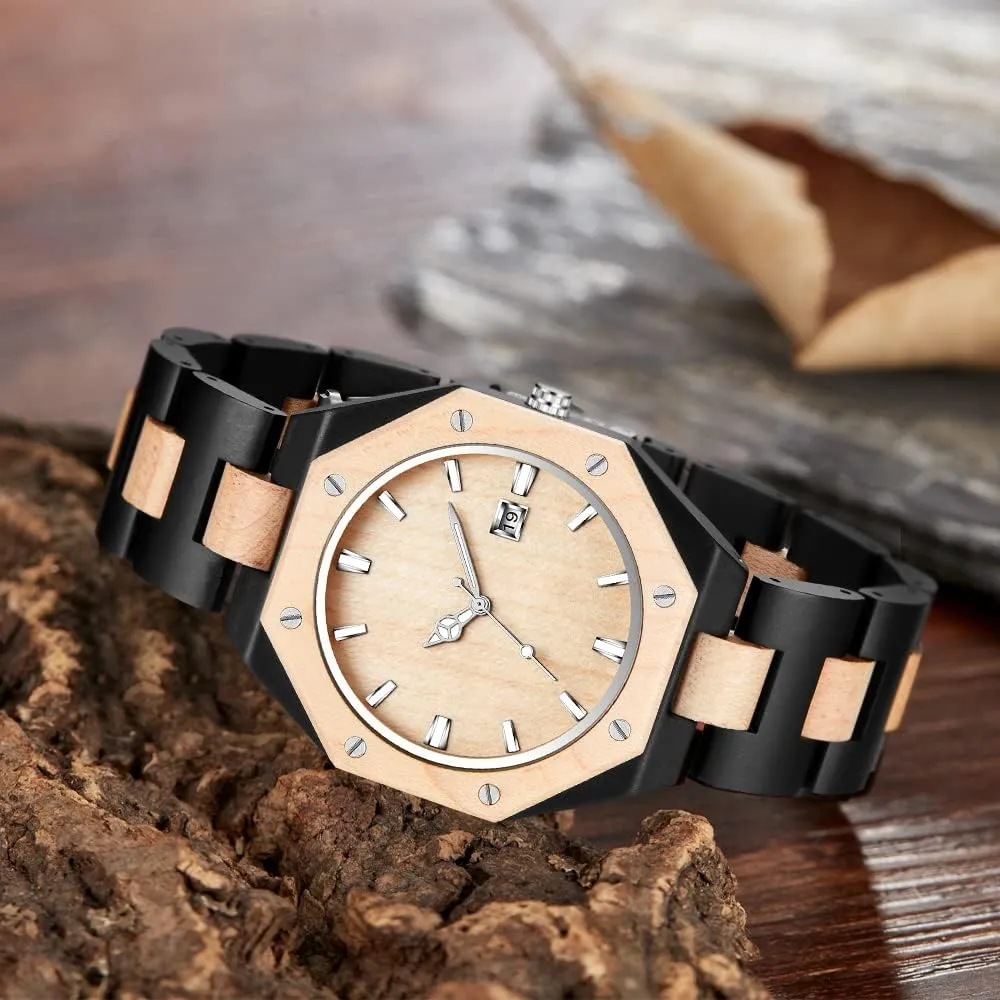 enclosure Men's Watch,Foldover Clasp Wood Strap Wooden Watches for Men Brown Deep Black Ebony Zebra Wooden Quartz 