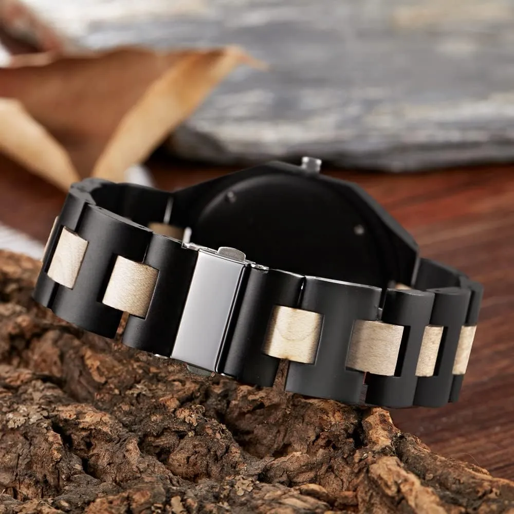 enclosure Men's Watch,Foldover Clasp Wood Strap Wooden Watches for Men Brown Deep Black Ebony Zebra Wooden Quartz 