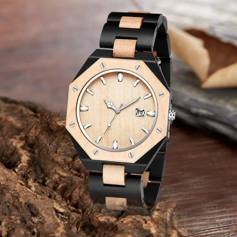 enclosure Men's Watch,Foldover Clasp Wood Strap Wooden Watches for Men Brown Deep Black Ebony Zebra Wooden Quartz 