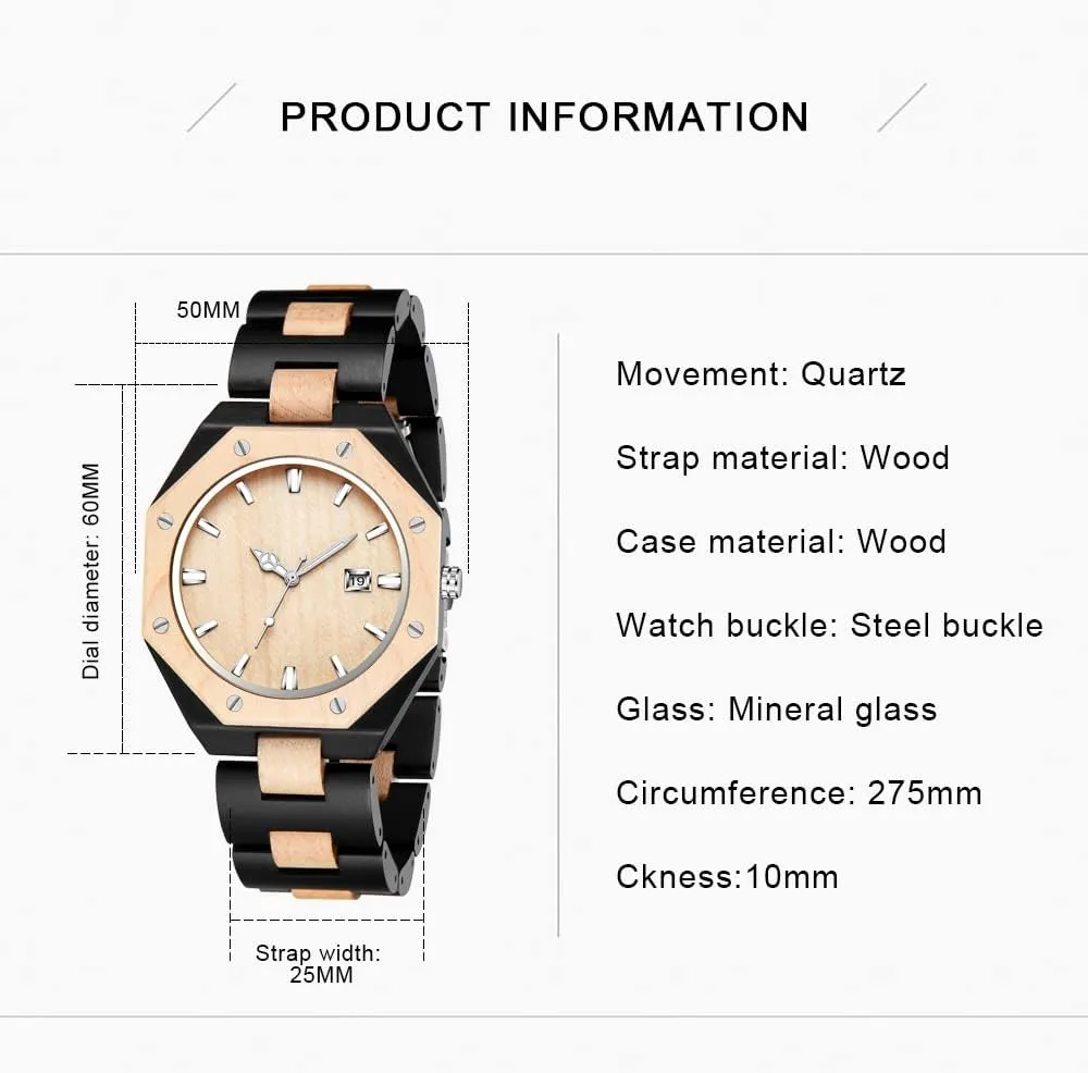 enclosure Men's Watch,Foldover Clasp Wood Strap Wooden Watches for Men Brown Deep Black Ebony Zebra Wooden Quartz 